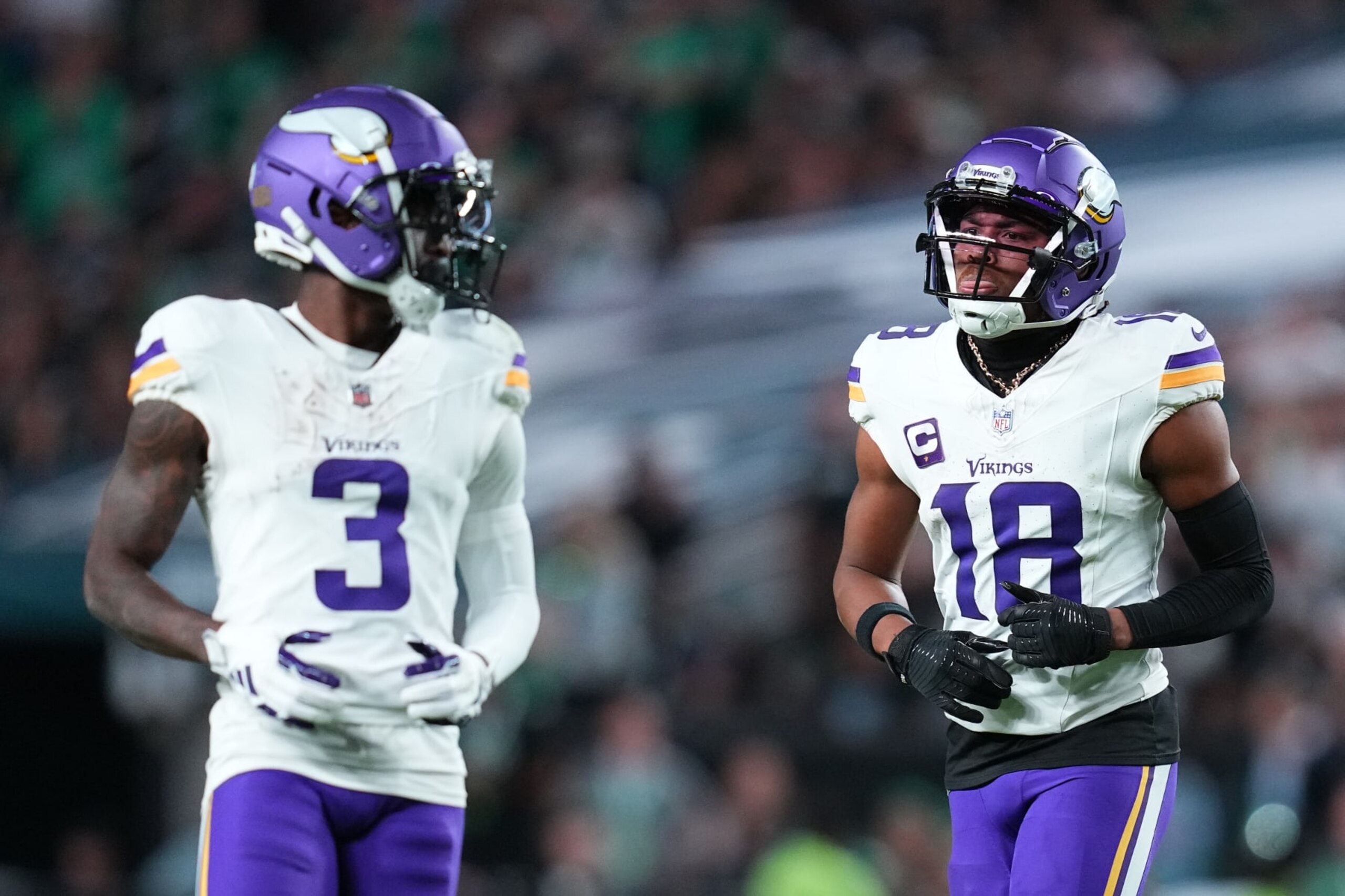 PHILADELPHIA, PENNSYLVANIA - SEPTEMBER 14: Jordan Addison #3 and Justin Jefferson #18 of the Minnesota Vikings look on against the Philadelphia Eagles at Lincoln Financial Field on September 14, 2023 in Philadelphia, Pennsylvania. (Photo by Mitchell Leff/Getty Images)