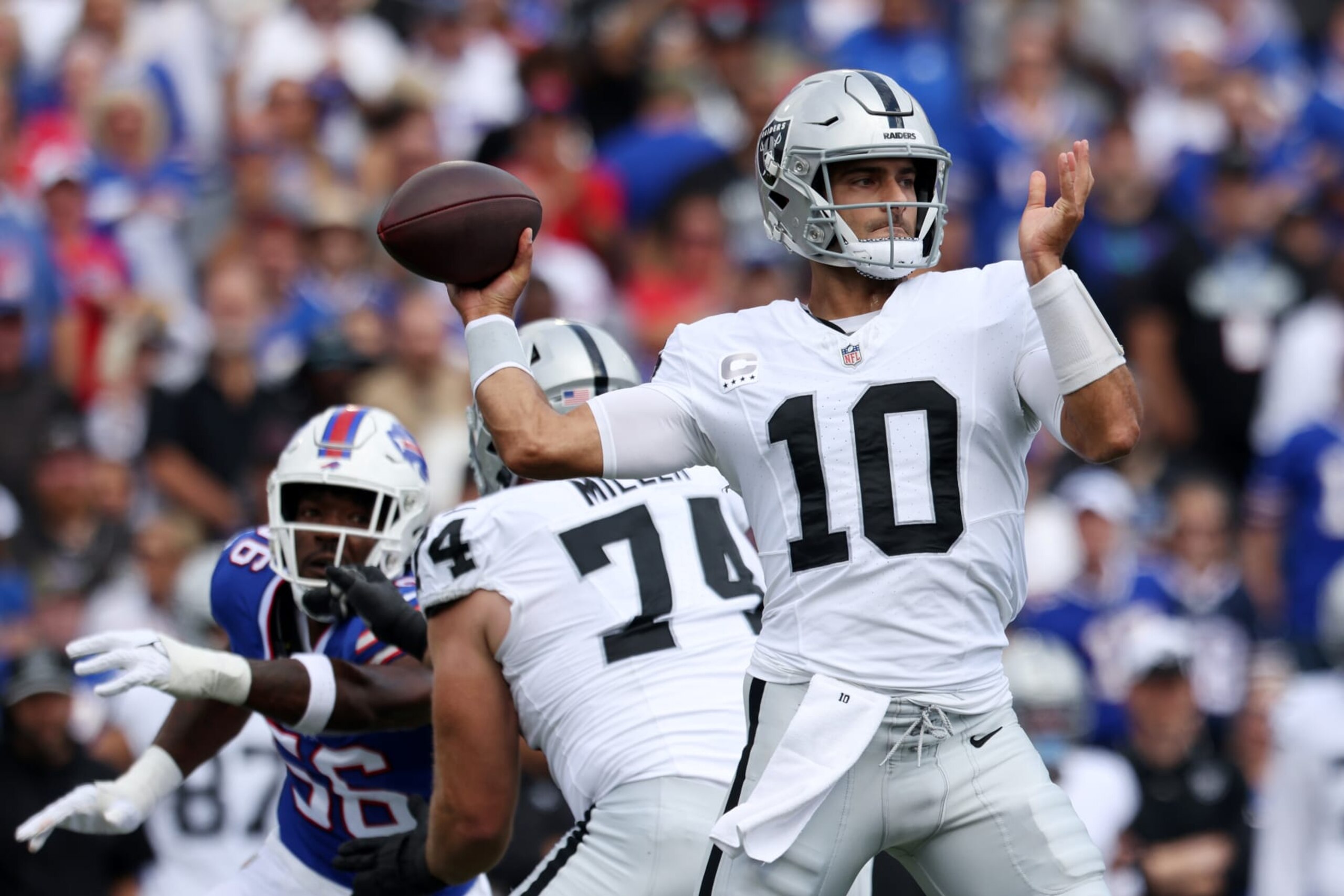 ORCHARD PARK, NEW YORK - SEPTEMBER 17: Jimmy Garoppolo #10 of the Las Vegas Raiders attempts a pass during the first quarter against the Buffalo Bills at Highmark Stadium on September 17, 2023 in Orchard Park, New York. (Photo by Bryan M. Bennett/Getty Images)