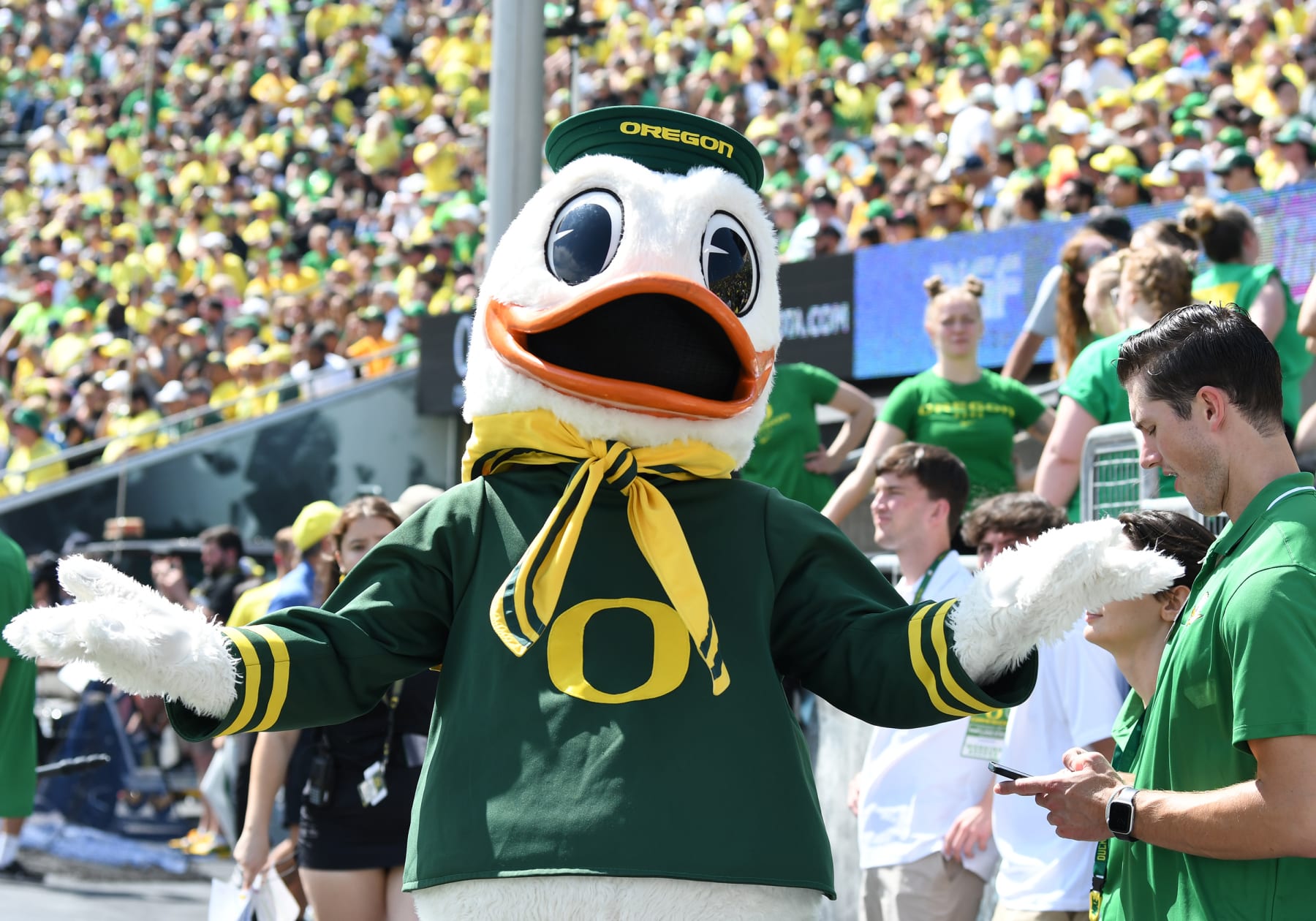 EUGENE, OR - SEPTEMBER 02: Oregon Ducks Mascot, Puddles,  performs for the crowd during a college football game between the Oregon Ducks and Portland State Vikings on September 2, 2023, at Autzen Stadium in Eugene, Oregon. (Photo by Brian Murphy/Icon Sportswire via Getty Images)