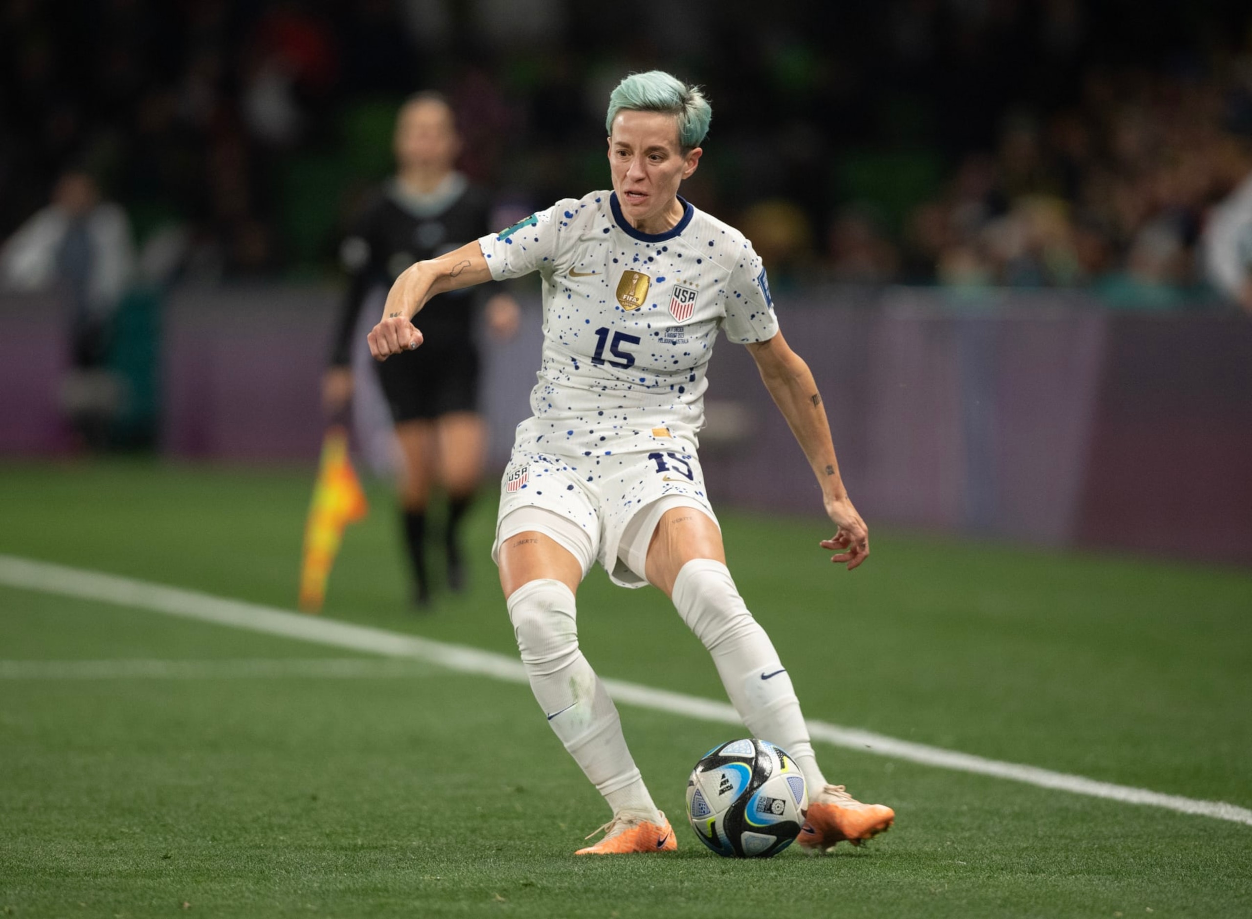 MELBOURNE, AUSTRALIA - AUGUST 6: Megan Rapinoe of USA in action during the FIFA Women's World Cup Australia & New Zealand 2023 Round of 16 match between Winner Group G and Runner Up Group E at Melbourne Rectangular Stadium on August 6, 2023 in Melbourne, Australia. (Photo by Joe Prior/Visionhaus via Getty Images)