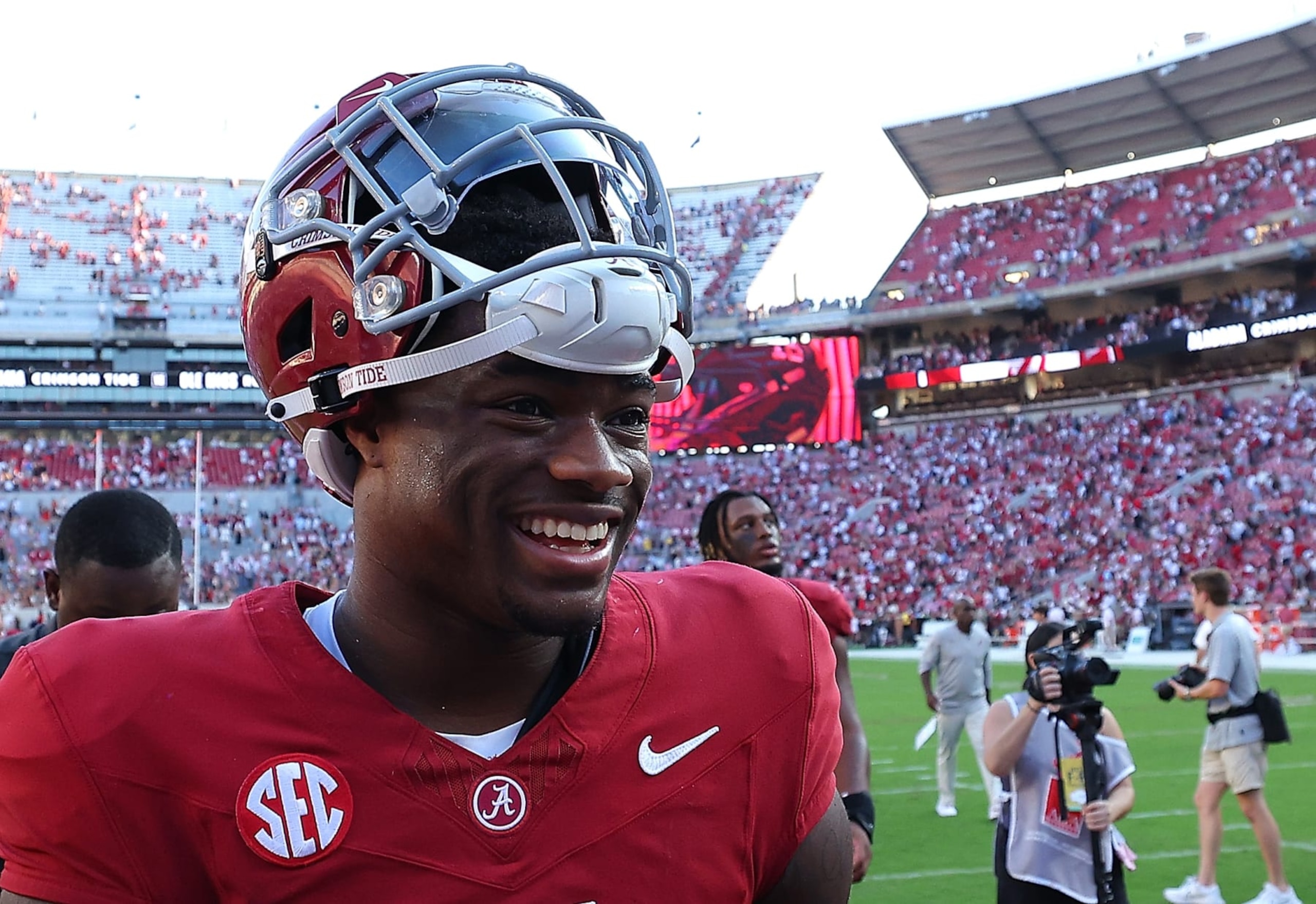 TUSCALOOSA, ALABAMA - SEPTEMBER 23:  Jalen Milroe #4 of the Alabama Crimson Tide reacts after their 24-10 win over the Mississippi Rebels at Bryant-Denny Stadium on September 23, 2023 in Tuscaloosa, Alabama. (Photo by Kevin C. Cox/Getty Images)