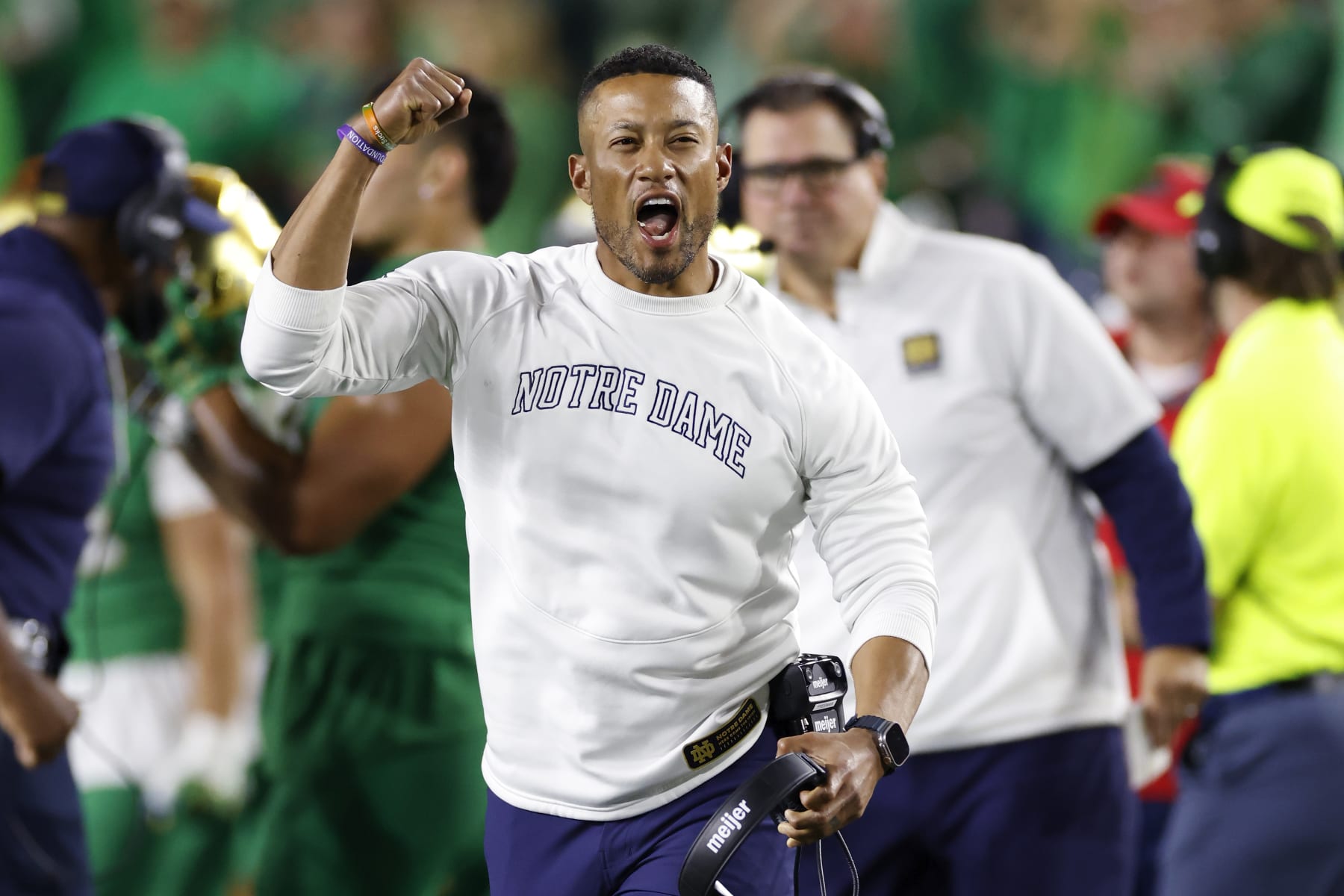 SOUTH BEND, IN - SEPTEMBER 23: Notre Dame Fighting Irish head coach Marcus Freeman reacts during a college football game against the Ohio State Buckeyes on September 23, 2023 at Notre Dame Stadium in South Bend, Indiana. (Photo by Joe Robbins/Icon Sportswire via Getty Images)