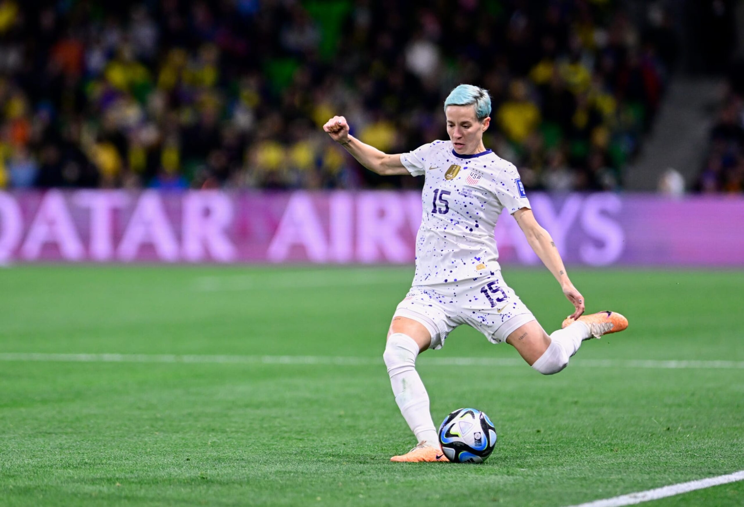 MELBOURNE, AUSTRALIA - AUGUST 6: Megan Rapinoe #15 of USA crossing a ball into the box during a game between Sweden and USWNT at Melbourne Rectangular Stadium on August 6, 2023 in Melbourne, Australia. (Photo by Richard Callis/ISI Photos/Getty Images) MELBOURNE, AUSTRALIA - AUGUST 6: Megan Rapinoe #15 of USA crossing a ball into the box during a game between Sweden and USWNT at Melbourne Rectangular Stadium on August 6, 2023 in Melbourne, Australia. (Photo by Richard Callis/ISI Photos/Getty Images)