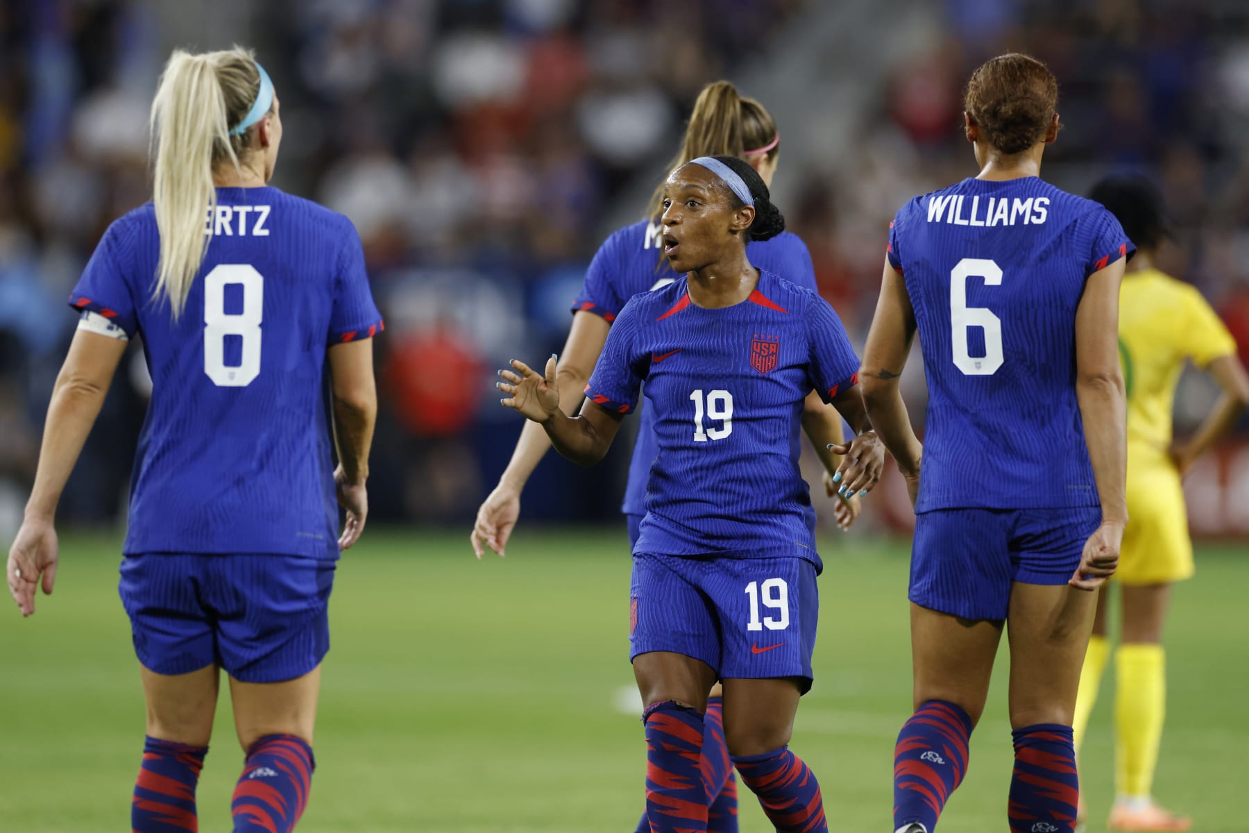 CINCINNATI, OH - SEPTEMBER 21: Crystal Dunn (19) of the USA National team talks to Julie Ertz (8) during a match against South Africa on September 21, 2023 at TQL Stadium in Cincinnati, Ohio. (Photo by Joe Robbins/Icon Sportswire via Getty Images)