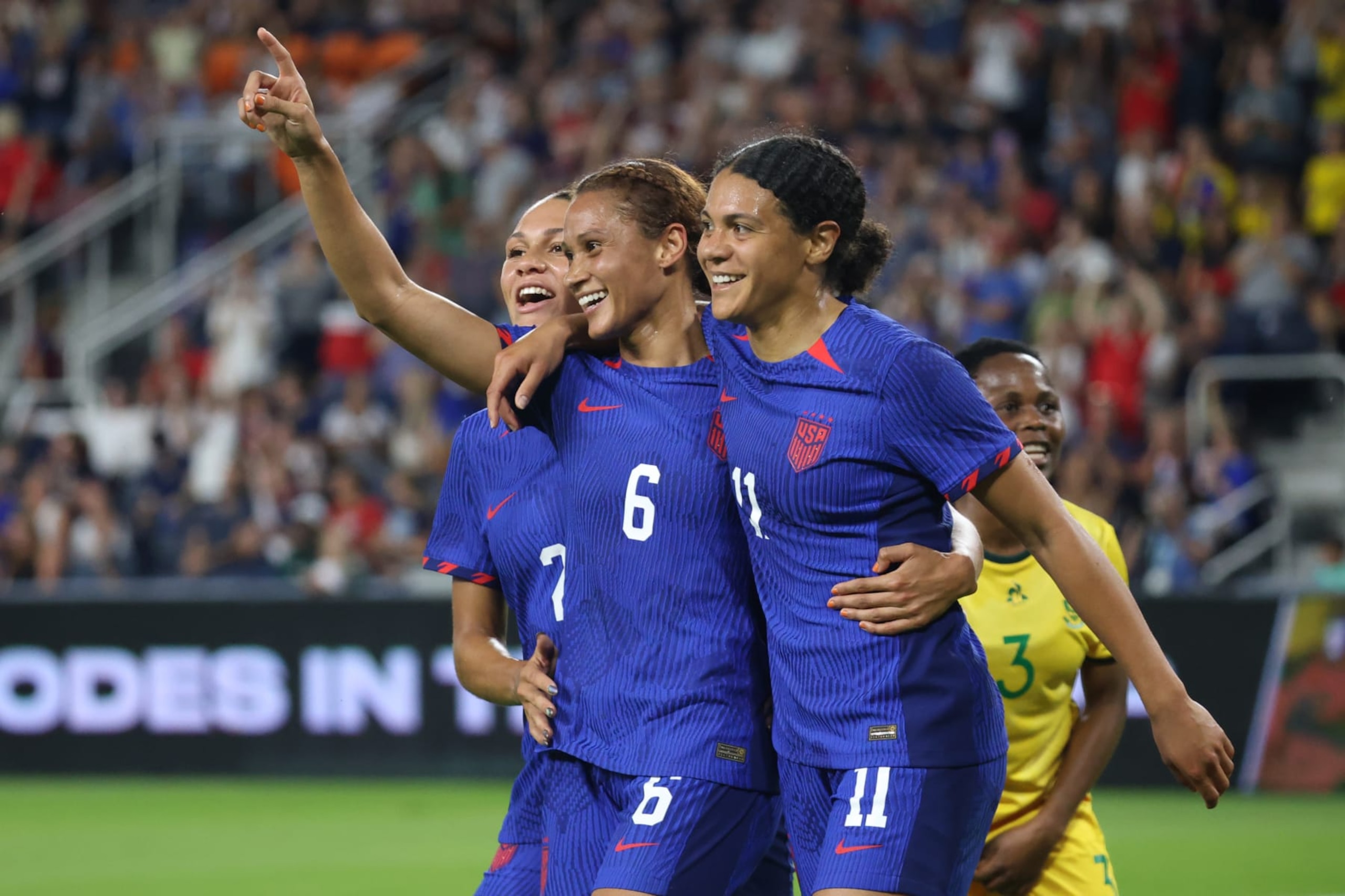 CINCINNATI, OHIO - SEPTEMBER 21: Lynn Williams #6 of the United States celebrates scoring with Alana Cook #11 and Trinity Rodman #25 during the first half against South Africa at TQL Stadium on September 21, 2023 in Cincinnati, Ohio. (Photo by Trevor Ruszkowski/ISI Photos/USSF/Getty Images for USSF) CINCINNATI, OHIO - SEPTEMBER 21: Lynn Williams #6 of the United States celebrates scoring with Alana Cook #11 and Trinity Rodman #25 during the first half against South Africa at TQL Stadium on September 21, 2023 in Cincinnati, Ohio. (Photo by Trevor Ruszkowski/ISI Photos/USSF/Getty Images for USSF)