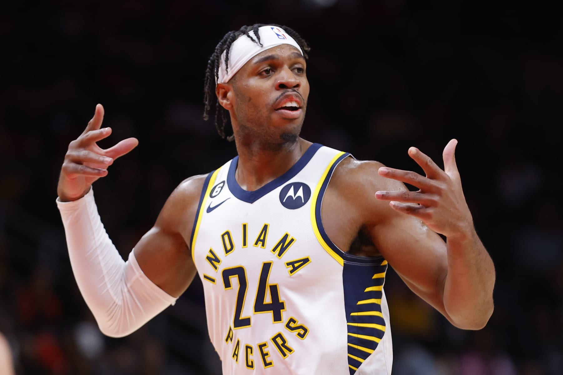 ATLANTA, GA - MARCH 25: Buddy Hield #24 of the Indiana Pacers reacts during the second half against the Atlanta Hawks at State Farm Arena on March 25, 2023 in Atlanta, Georgia. NOTE TO USER: User expressly acknowledges and agrees that, by downloading and or using this photograph, User is consenting to the terms and conditions of the Getty Images License Agreement. (Photo by Todd Kirkland/Getty Images) ATLANTA, GA - MARCH 25: Buddy Hield #24 of the Indiana Pacers reacts during the second half against the Atlanta Hawks at State Farm Arena on March 25, 2023 in Atlanta, Georgia. NOTE TO USER: User expressly acknowledges and agrees that, by downloading and or using this photograph, User is consenting to the terms and conditions of the Getty Images License Agreement. (Photo by Todd Kirkland/Getty Images)