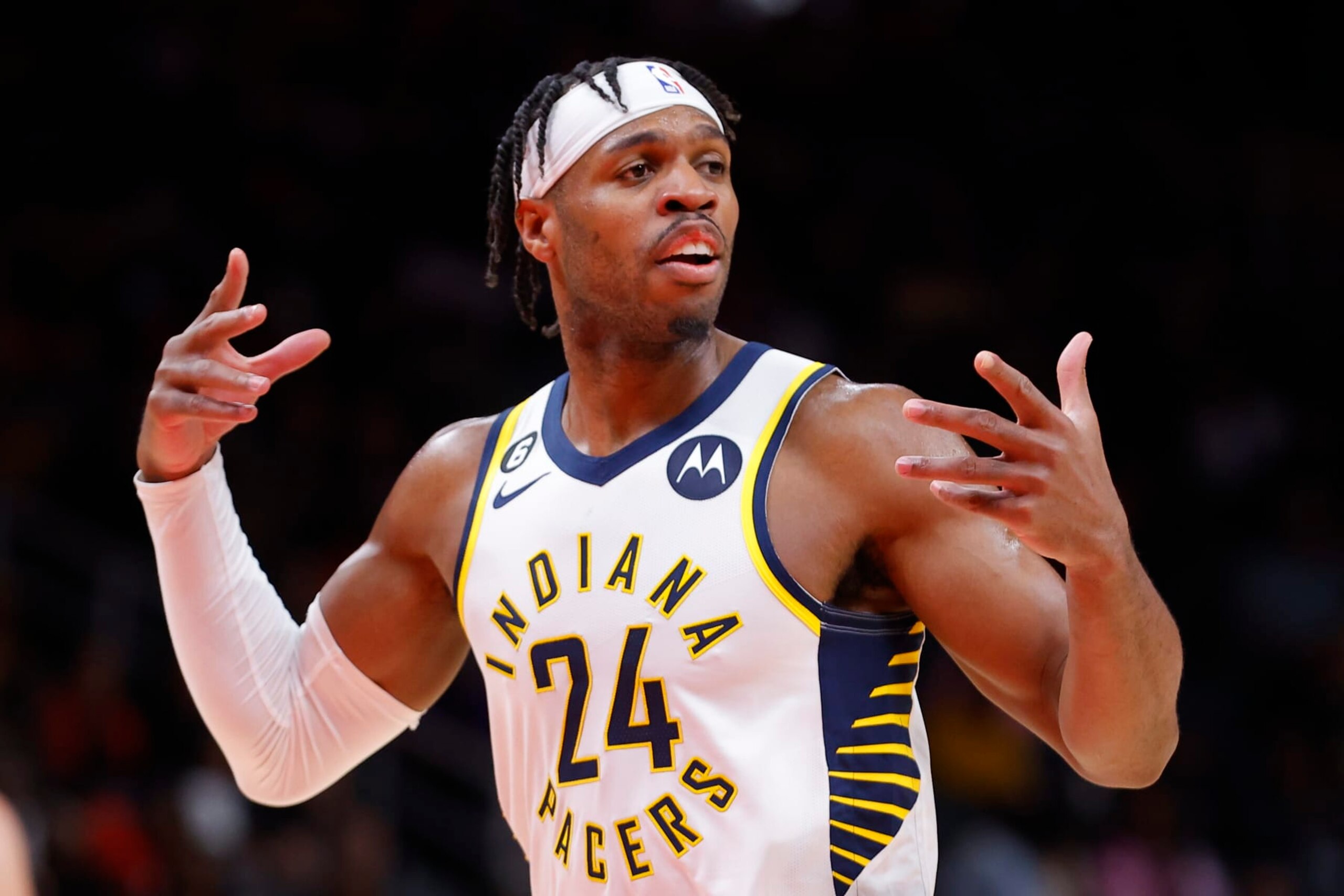 ATLANTA, GA - MARCH 25: Buddy Hield #24 of the Indiana Pacers reacts during the second half against the Atlanta Hawks at State Farm Arena on March 25, 2023 in Atlanta, Georgia. NOTE TO USER: User expressly acknowledges and agrees that, by downloading and or using this photograph, User is consenting to the terms and conditions of the Getty Images License Agreement. (Photo by Todd Kirkland/Getty Images)