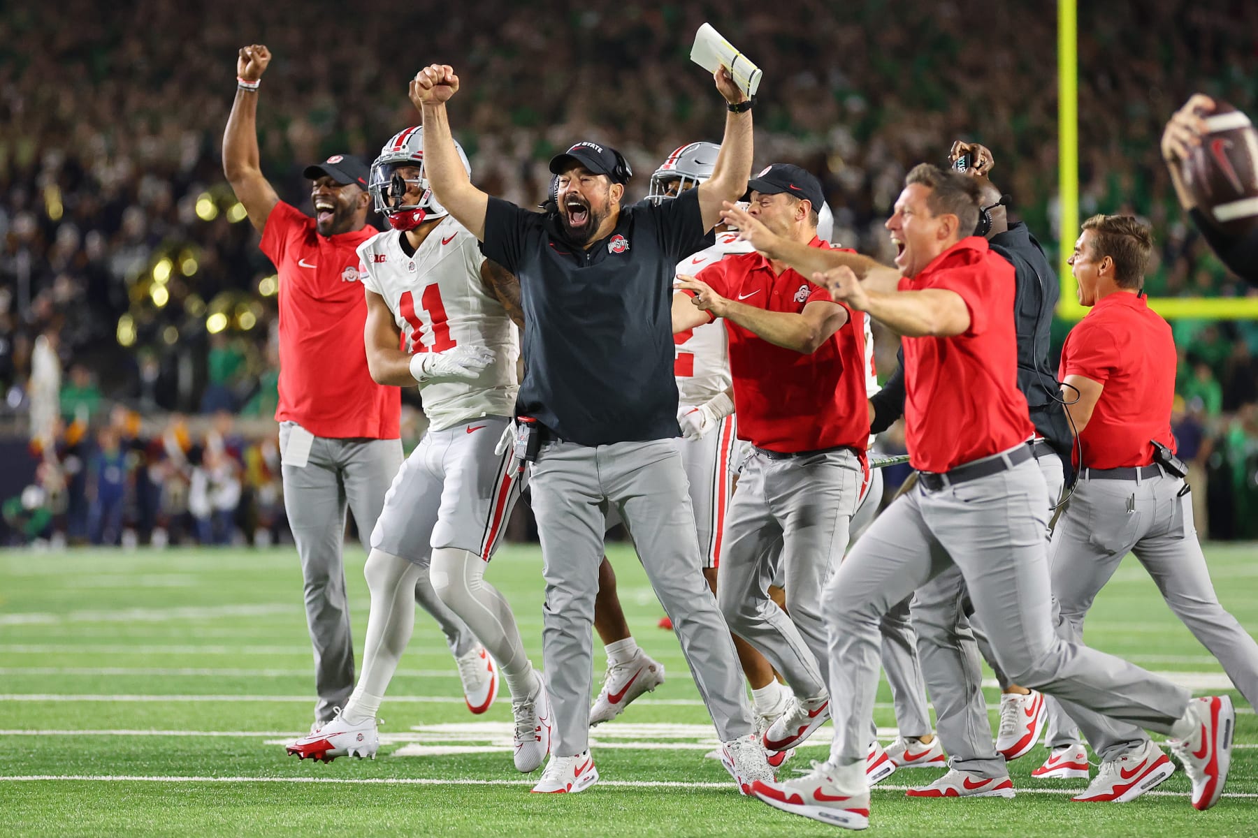 SOUTH BEND, INDIANA - SEPTEMBER 23: Head coach Ryan Day of the Ohio State Buckeyes celebrates a rushing touchdown by Chip Trayanum #19 (not pictured) during the fourth quarter against the Notre Dame Fighting Irish at Notre Dame Stadium on September 23, 2023 in South Bend, Indiana. (Photo by Michael Reaves/Getty Images)