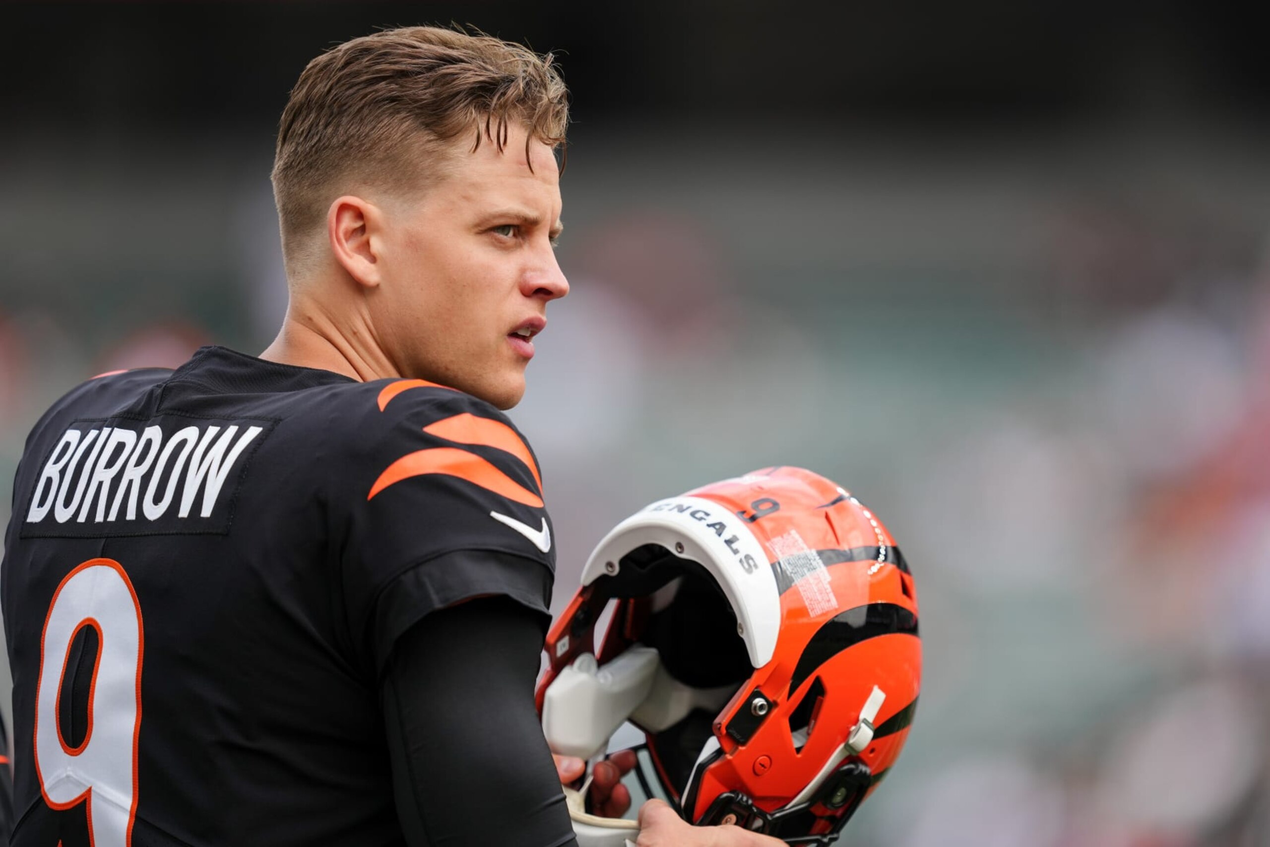 CINCINNATI, OHIO - SEPTEMBER 17: Joe Burrow #9 of the Cincinnati Bengals looks on before the game against the Baltimore Ravens at Paycor Stadium on September 17, 2023 in Cincinnati, Ohio. (Photo by Dylan Buell/Getty Images)
