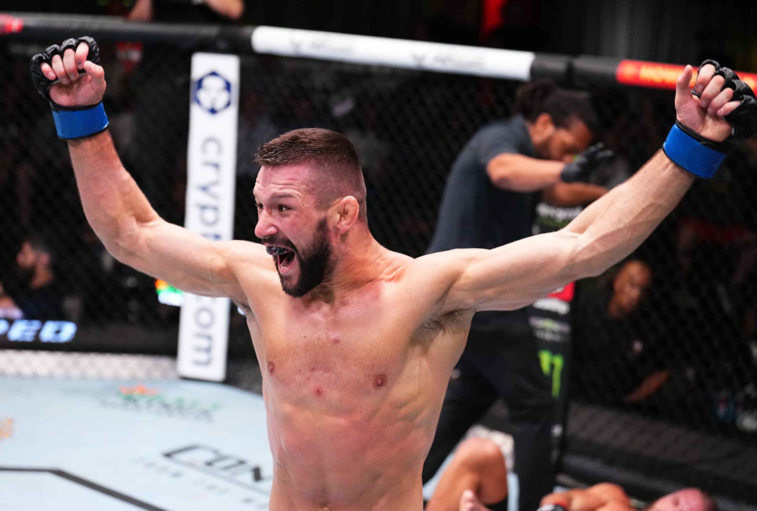 LAS VEGAS, NEVADA - SEPTEMBER 23: Mateusz Gamrot of Poland reacts after his victory over Rafael Fiziev of Kazakstan in a lightweight fight during the UFC Fight Night event at UFC APEX on September 23, 2023 in Las Vegas, Nevada. (Photo by Chris Unger/Zuffa LLC via Getty Images)