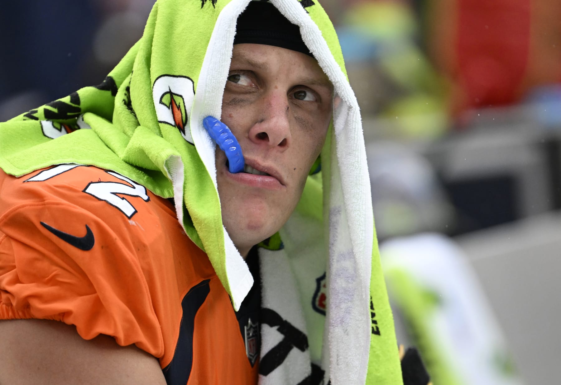 DENVER, COLORADO - AUGUST 10: Denver Broncos offensive tackle Garett Bolles (72) watches the end of the game from the bench at Empower Field on September 10, 2023 in Denver, Colorado. The Denver Broncos under new head coach Sean Payton lost 17 to 16 to divisional opponents the Las Vegas Raiders to start the 2023 NFL regular season. (Photo by RJ Sangosti/MediaNews Group/The Denver Post via Getty Images)