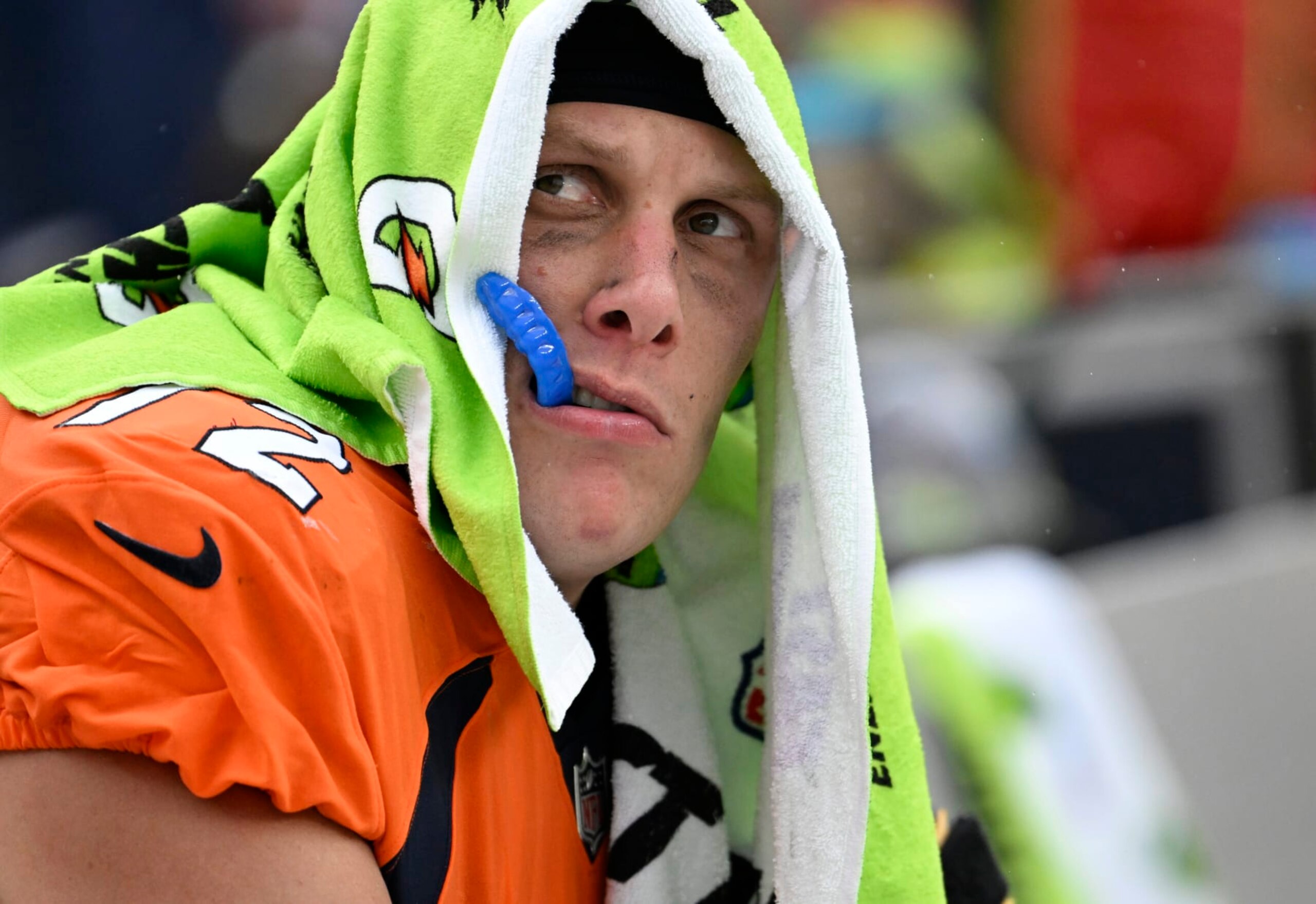 DENVER, COLORADO - AUGUST 10: Denver Broncos offensive tackle Garett Bolles (72) watches the end of the game from the bench at Empower Field on September 10, 2023 in Denver, Colorado. The Denver Broncos under new head coach Sean Payton lost 17 to 16 to divisional opponents the Las Vegas Raiders to start the 2023 NFL regular season. (Photo by RJ Sangosti/MediaNews Group/The Denver Post via Getty Images)