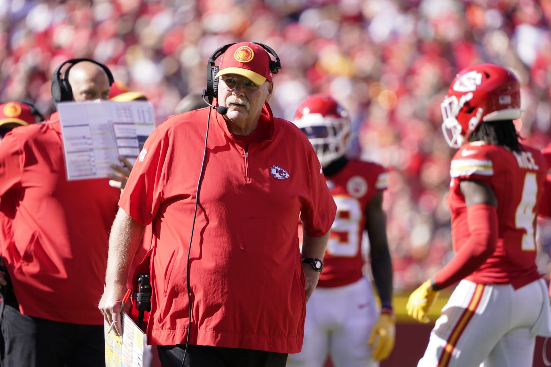 Kansas City Chiefs head coach Andy Reid watches from the sidelines during the first half of an NFL football game against the Chicago Bears Sunday, Sept. 24, 2023, in Kansas City, Mo. (AP Photo/Ed Zurga)