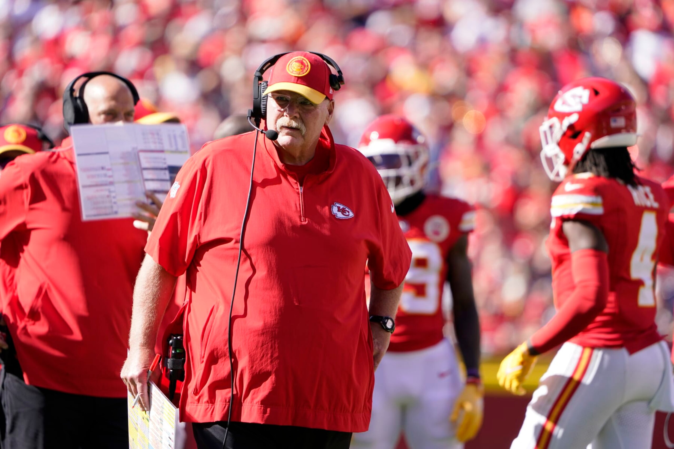 Kansas City Chiefs head coach Andy Reid watches from the sidelines during the first half of an NFL football game against the Chicago Bears Sunday, Sept. 24, 2023, in Kansas City, Mo. (AP Photo/Ed Zurga)