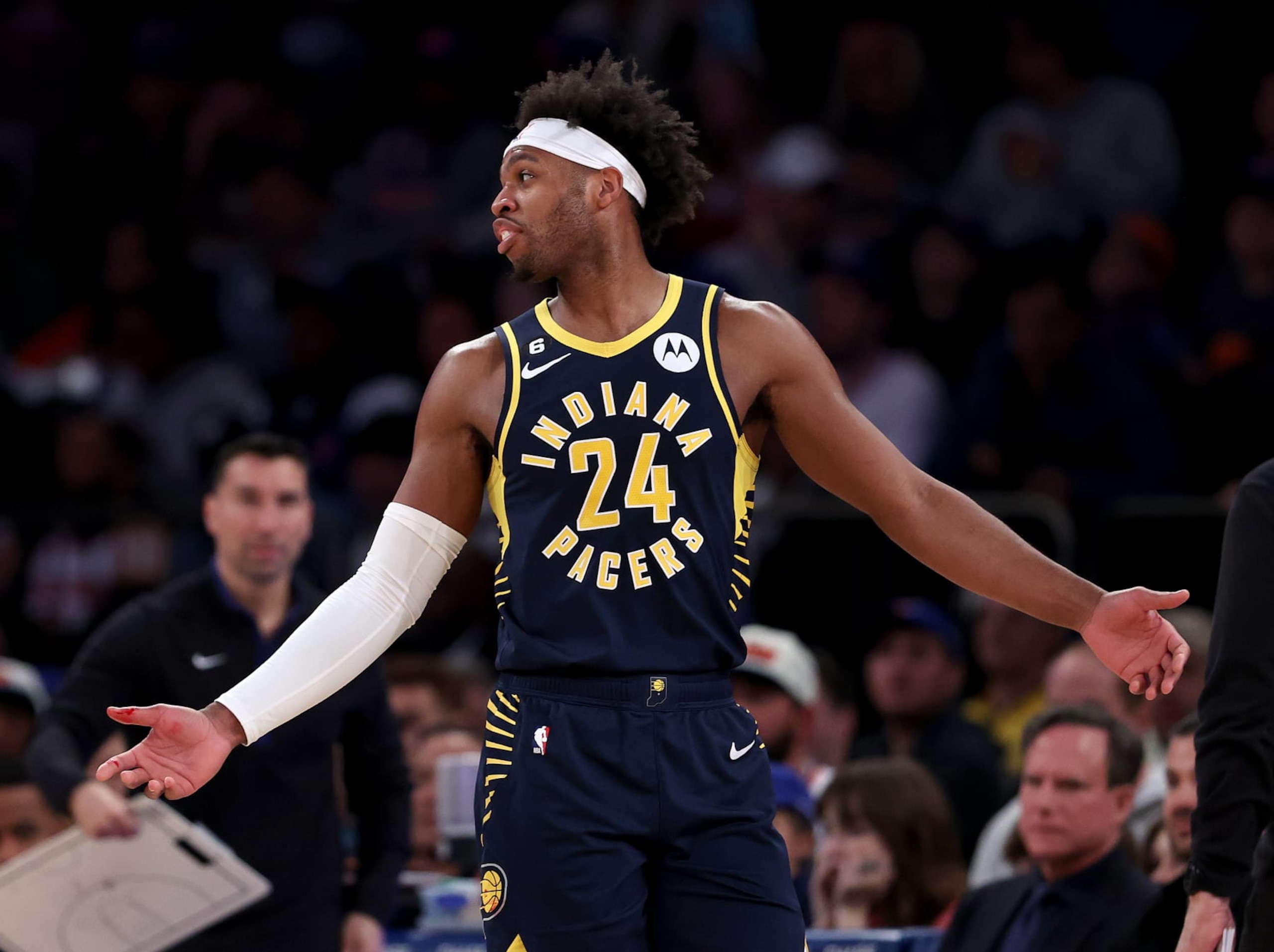 NEW YORK, NEW YORK - APRIL 09:  Buddy Hield #24 of the Indiana Pacers heads to the bench after he cut his hand in the first half against the New York Knicks at Madison Square Garden on April 09, 2023 in New York City. NOTE TO USER: User expressly acknowledges and agrees that, by downloading and or using this photograph, User is consenting to the terms and conditions of the Getty Images License Agreement. (Photo by Elsa/Getty Images)