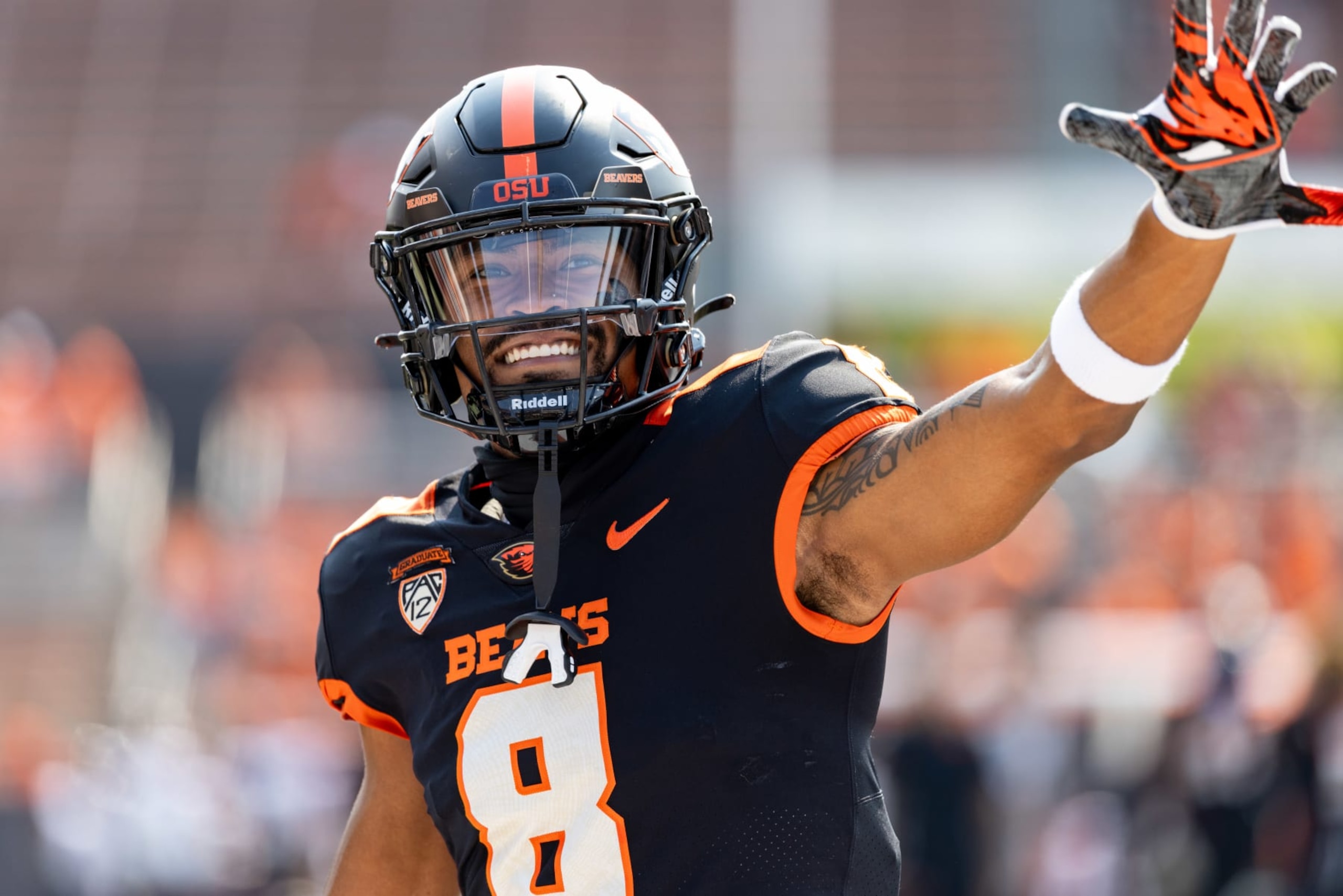 CORVALLIS, OREGON - SEPTEMBER 16: Wide receiver Rweha Munyagi Jr. #8 of the Oregon State Beavers walks on the field against the San Diego State Aztecs at Reser Stadium on September 16, 2023 in Corvallis, Oregon. (Photo by Tom Hauck/Getty Images) CORVALLIS, OREGON - SEPTEMBER 16: Wide receiver Rweha Munyagi Jr. #8 of the Oregon State Beavers walks on the field against the San Diego State Aztecs at Reser Stadium on September 16, 2023 in Corvallis, Oregon. (Photo by Tom Hauck/Getty Images)