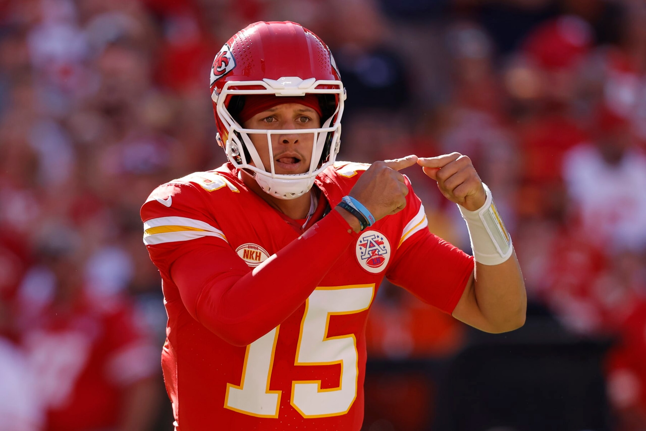 KANSAS CITY, MISSOURI - SEPTEMBER 24: Patrick Mahomes #15 of the Kansas City Chiefs calls out orders in the first half of a game against the Chicago Bears at GEHA Field at Arrowhead Stadium on September 24, 2023 in Kansas City, Missouri. (Photo by Jason Hanna/Getty Images) KANSAS CITY, MISSOURI - SEPTEMBER 24: Patrick Mahomes #15 of the Kansas City Chiefs calls out orders in the first half of a game against the Chicago Bears at GEHA Field at Arrowhead Stadium on September 24, 2023 in Kansas City, Missouri. (Photo by Jason Hanna/Getty Images)