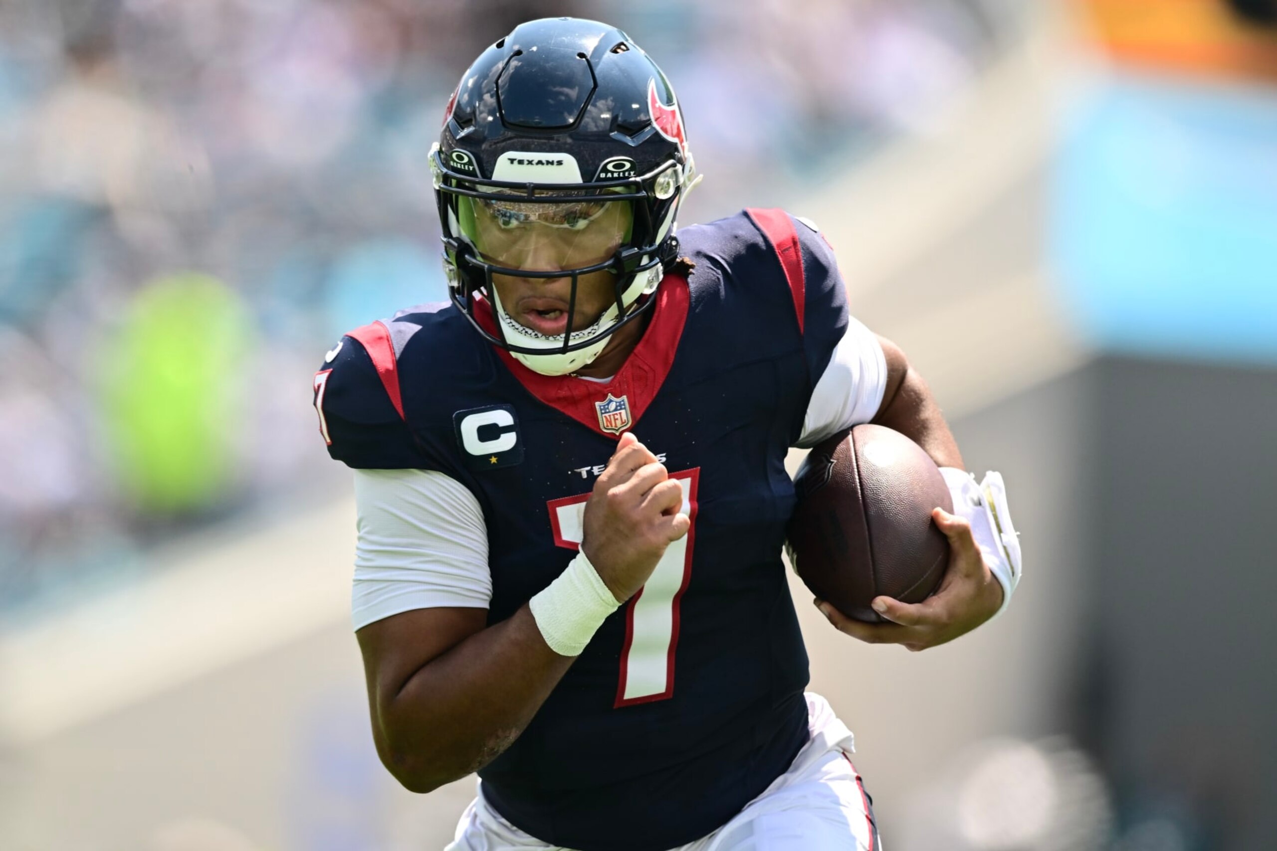 JACKSONVILLE, FLORIDA - SEPTEMBER 24: C.J. Stroud #7 of the Houston Texans runs the ball during the second quarter of a game against the Jacksonville Jaguars at EverBank Stadium on September 24, 2023 in Jacksonville, Florida. (Photo by Julio Aguilar/Getty Images)
