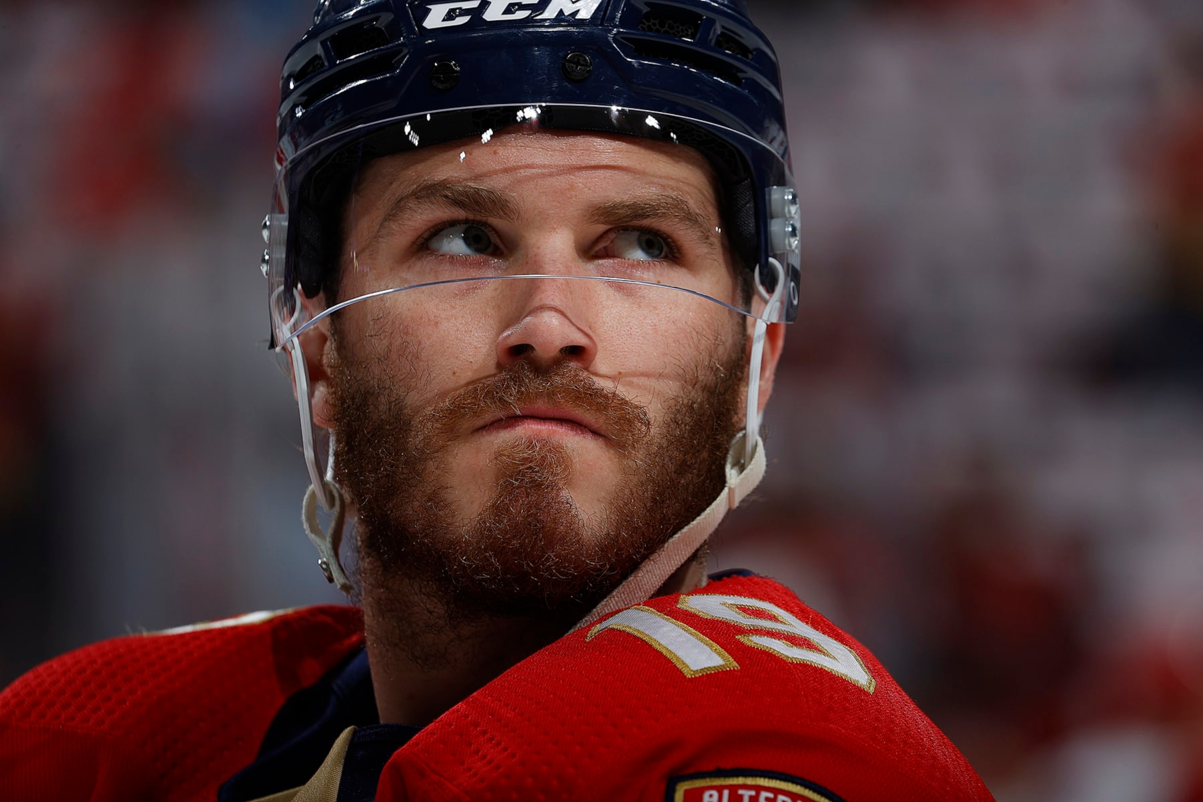 SUNRISE, FLORIDA - MAY 24: Matthew Tkachuk #19 of the Florida Panthers skates on the ice during warm ups prior to the start of the game against the Carolina Hurricanes in Game Four of the Eastern Conference Final of the 2023 Stanley Cup Playoffs at the FLA Live Arena on May 24, 2023 in Sunrise, Florida. (Photo by Eliot J. Schechter/NHLI via Getty Images)