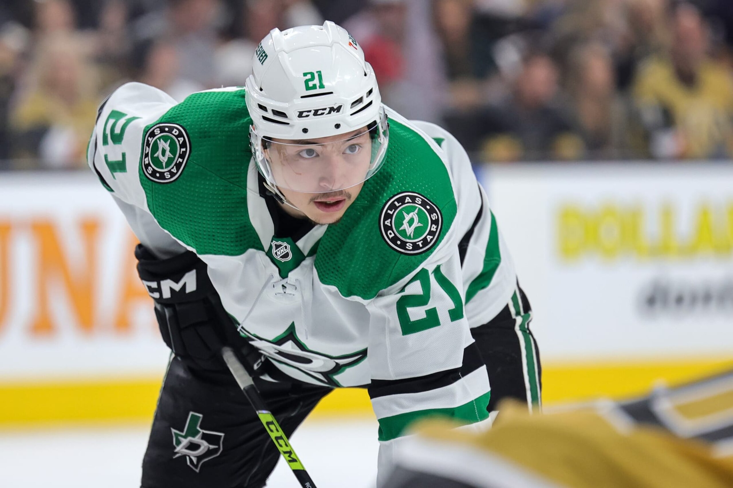 LAS VEGAS, NEVADA - MAY 21: Jason Robertson #21 of the Dallas Stars waits for a faceoff in the first period of Game Two of the Western Conference Final of the 2023 Stanley Cup Playoffs against the Vegas Golden Knights at T-Mobile Arena on May 21, 2023 in Las Vegas, Nevada. The Golden Knights defeated the Stars 3-2 in overtime. (Photo by Ethan Miller/Getty Images)