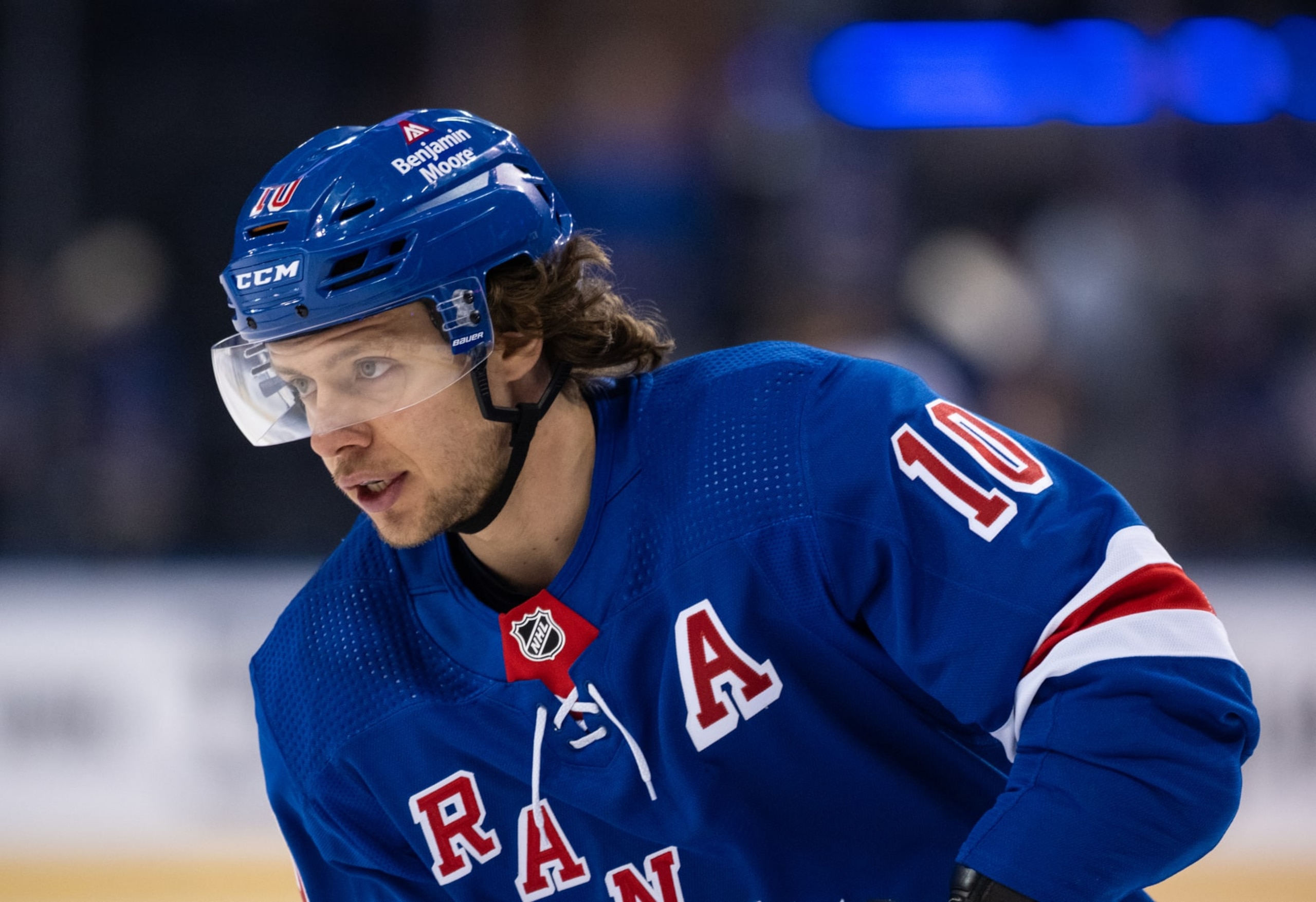 NEW YORK, NEW YORK - APRIL 24: Artemi Panarin #10 of the New York Rangers skates during warmups prior to the game against the New Jersey Devils in Game Four of the First Round of the 2023 Stanley Cup Playoffs at Madison Square Garden on April 24, 2023 in New York, New York. (Photo by Michael Mooney/NHLI via Getty Images)