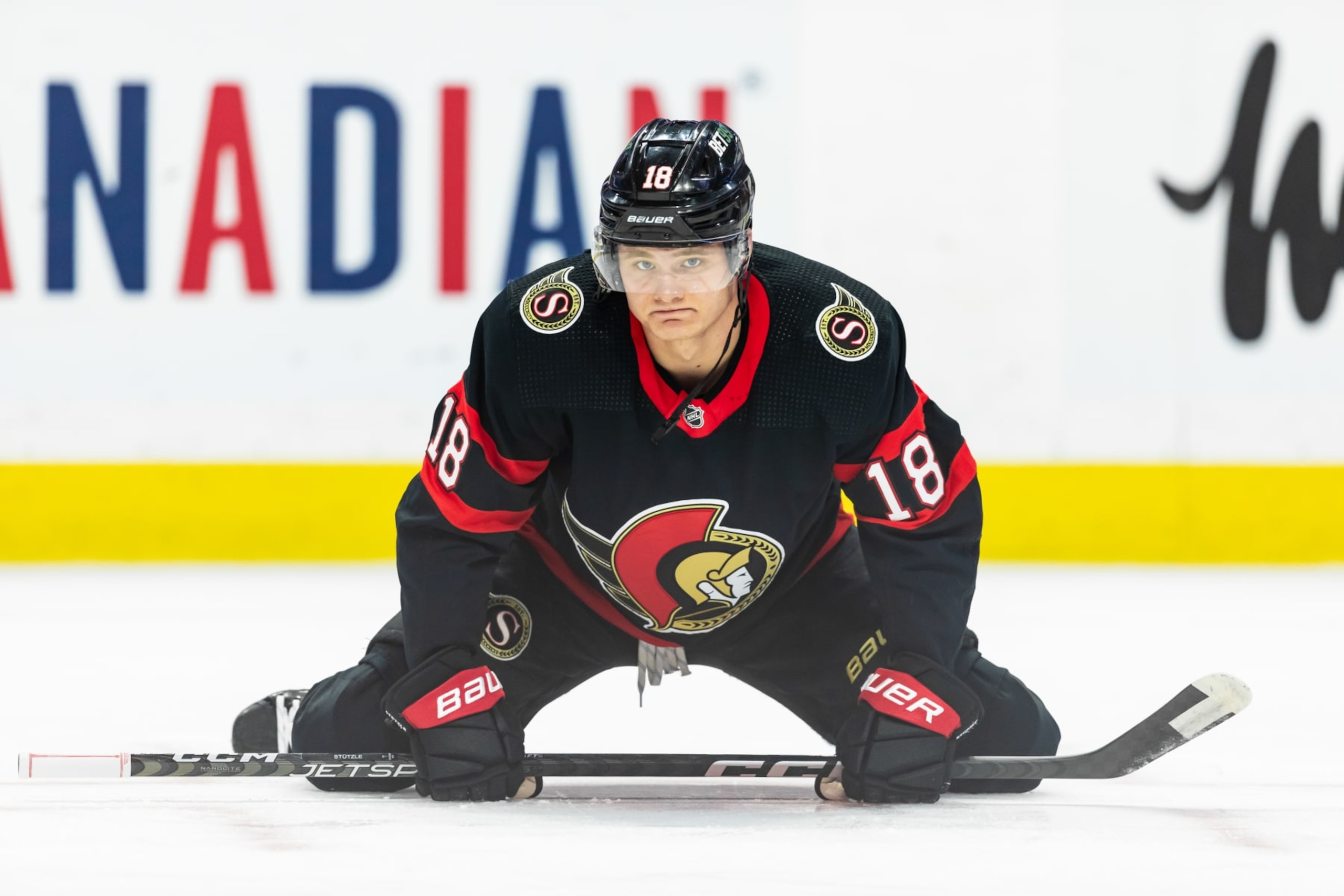 OTTAWA, ON - MARCH 30: Ottawa Senators Center Tim Stutzle (18) during warm-up before National Hockey League action between the Philadelphia Flyers and Ottawa Senators on March 30, 2023, at Canadian Tire Centre in Ottawa, ON, Canada. (Photo by Richard A. Whittaker/Icon Sportswire via Getty Images)