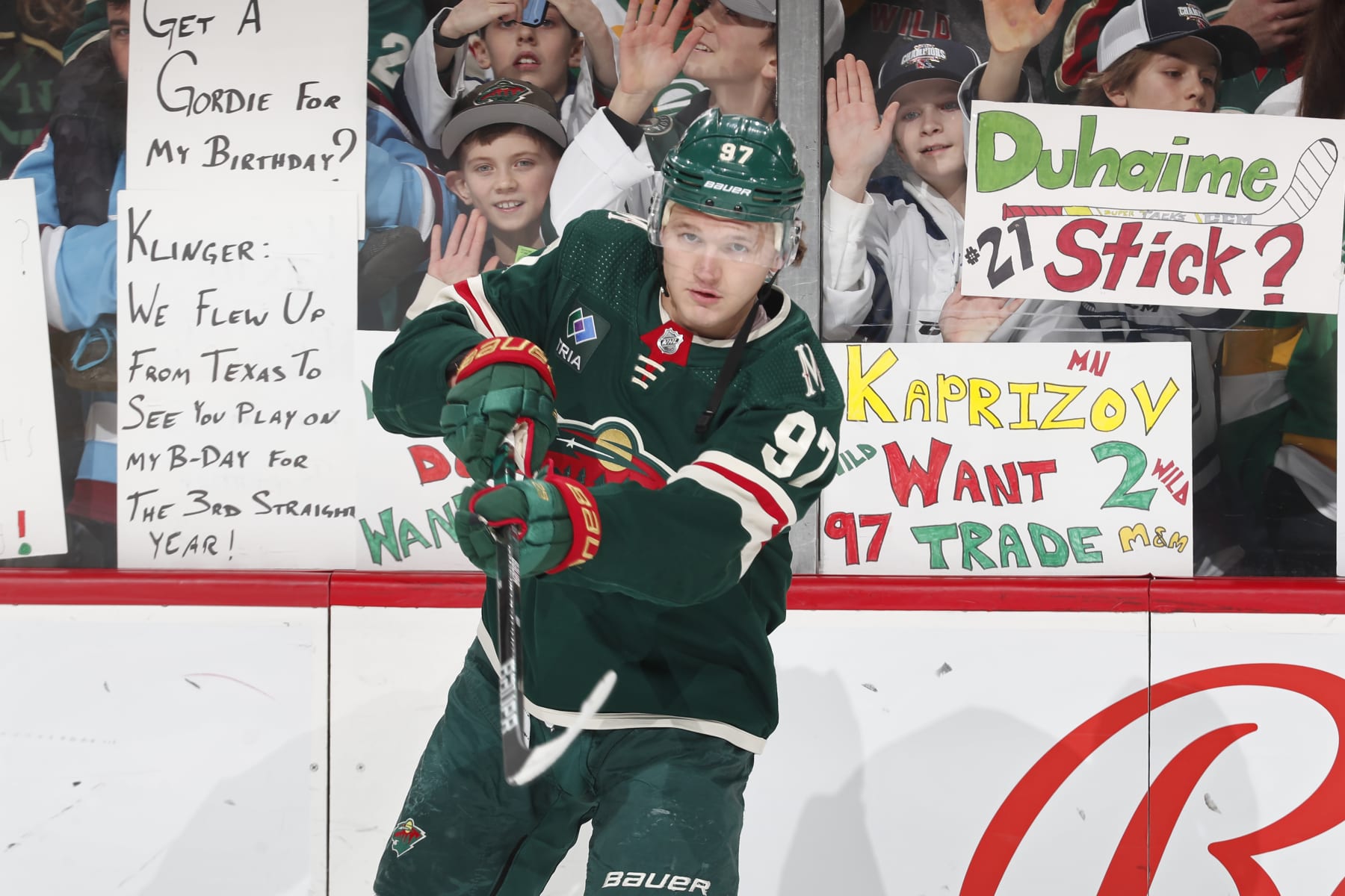 ST. PAUL, MN - APRIL 08: Kirill Kaprizov #97 of the Minnesota Wild warms up prior to the start of the game against the St. Louis Blues at Xcel Energy Center on April 8, 2023 in S. Paul, Minnesota. (Photo by Bruce Kluckhohn/NHLI via Getty Images)