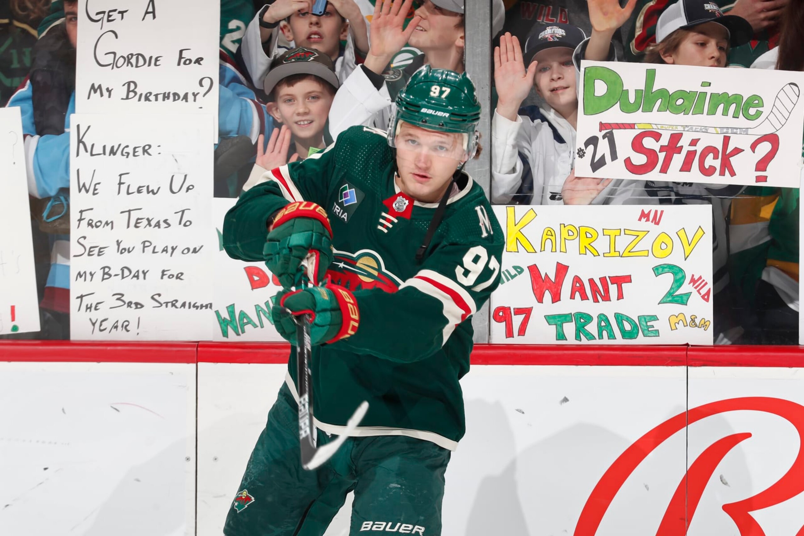 ST. PAUL, MN - APRIL 08: Kirill Kaprizov #97 of the Minnesota Wild warms up prior to the start of the game against the St. Louis Blues at Xcel Energy Center on April 8, 2023 in S. Paul, Minnesota. (Photo by Bruce Kluckhohn/NHLI via Getty Images)