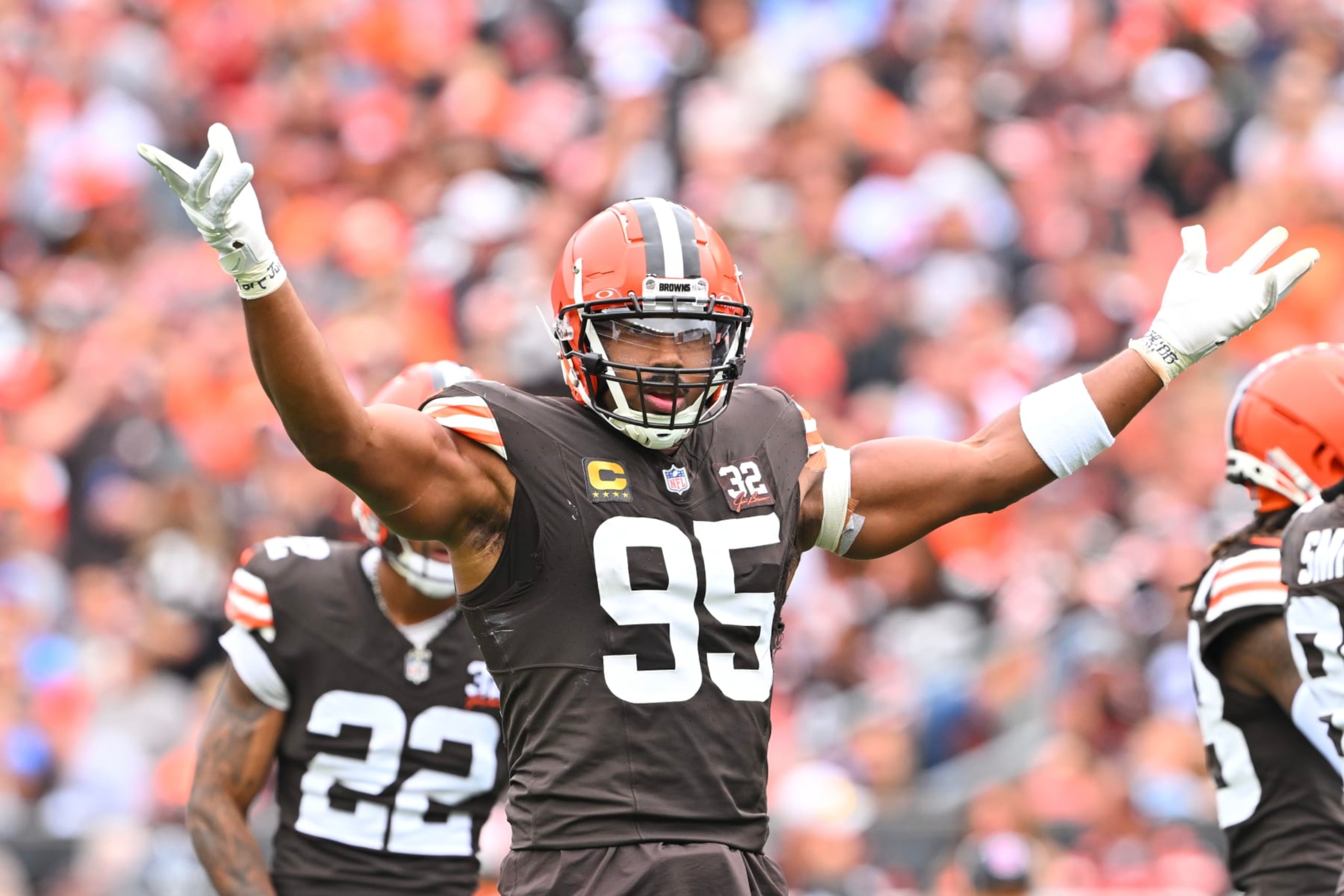 CLEVELAND, OHIO - SEPTEMBER 24: Myles Garrett #95 of the Cleveland Browns reacts after a play during the first half in the game against the Tennessee Titans at Cleveland Browns Stadium on September 24, 2023 in Cleveland, Ohio. (Photo by Jason Miller/Getty Images) CLEVELAND, OHIO - SEPTEMBER 24: Myles Garrett #95 of the Cleveland Browns reacts after a play during the first half in the game against the Tennessee Titans at Cleveland Browns Stadium on September 24, 2023 in Cleveland, Ohio. (Photo by Jason Miller/Getty Images)
