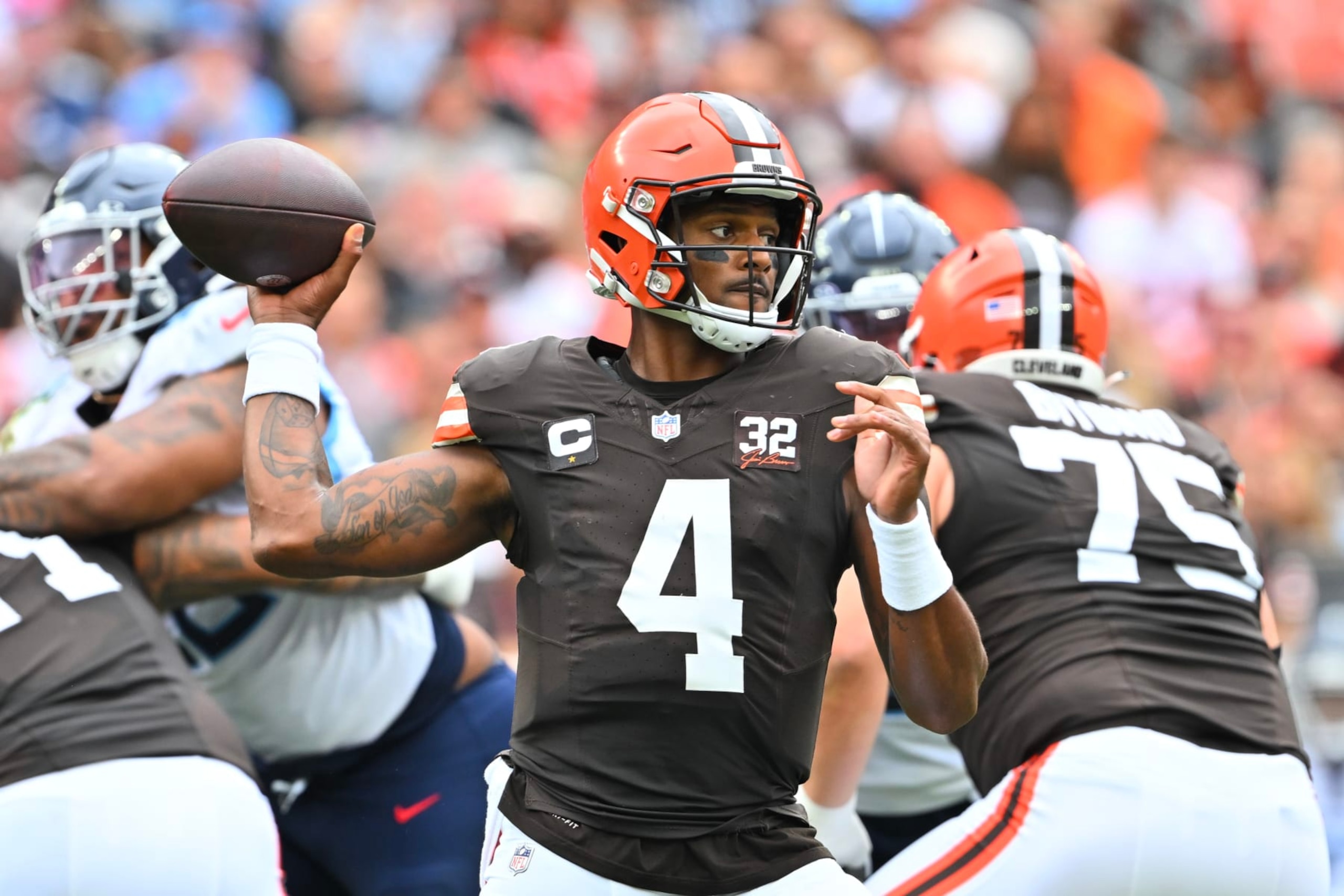 CLEVELAND, OHIO - SEPTEMBER 24: Deshaun Watson #4 of the Cleveland Browns throws a pass during the first quarter against the Tennessee Titans at Cleveland Browns Stadium on September 24, 2023 in Cleveland, Ohio. (Photo by Jason Miller/Getty Images) CLEVELAND, OHIO - SEPTEMBER 24: Deshaun Watson #4 of the Cleveland Browns throws a pass during the first quarter against the Tennessee Titans at Cleveland Browns Stadium on September 24, 2023 in Cleveland, Ohio. (Photo by Jason Miller/Getty Images)