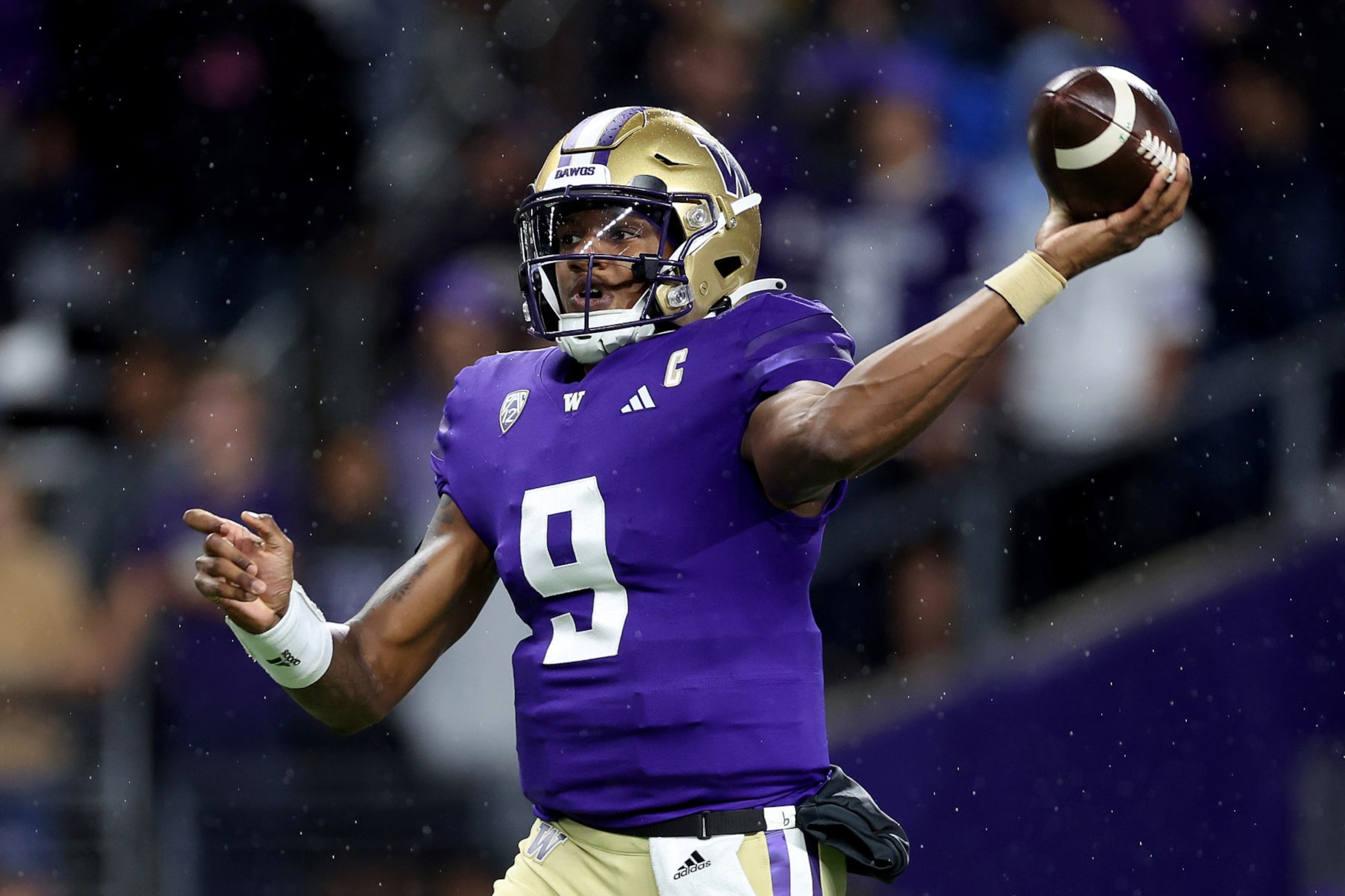 SEATTLE, WASHINGTON - SEPTEMBER 23: Michael Penix Jr. #9 of the Washington Huskies passes during the second quarter against the California Golden Bears at Husky Stadium on September 23, 2023 in Seattle, Washington. (Photo by Steph Chambers/Getty Images)