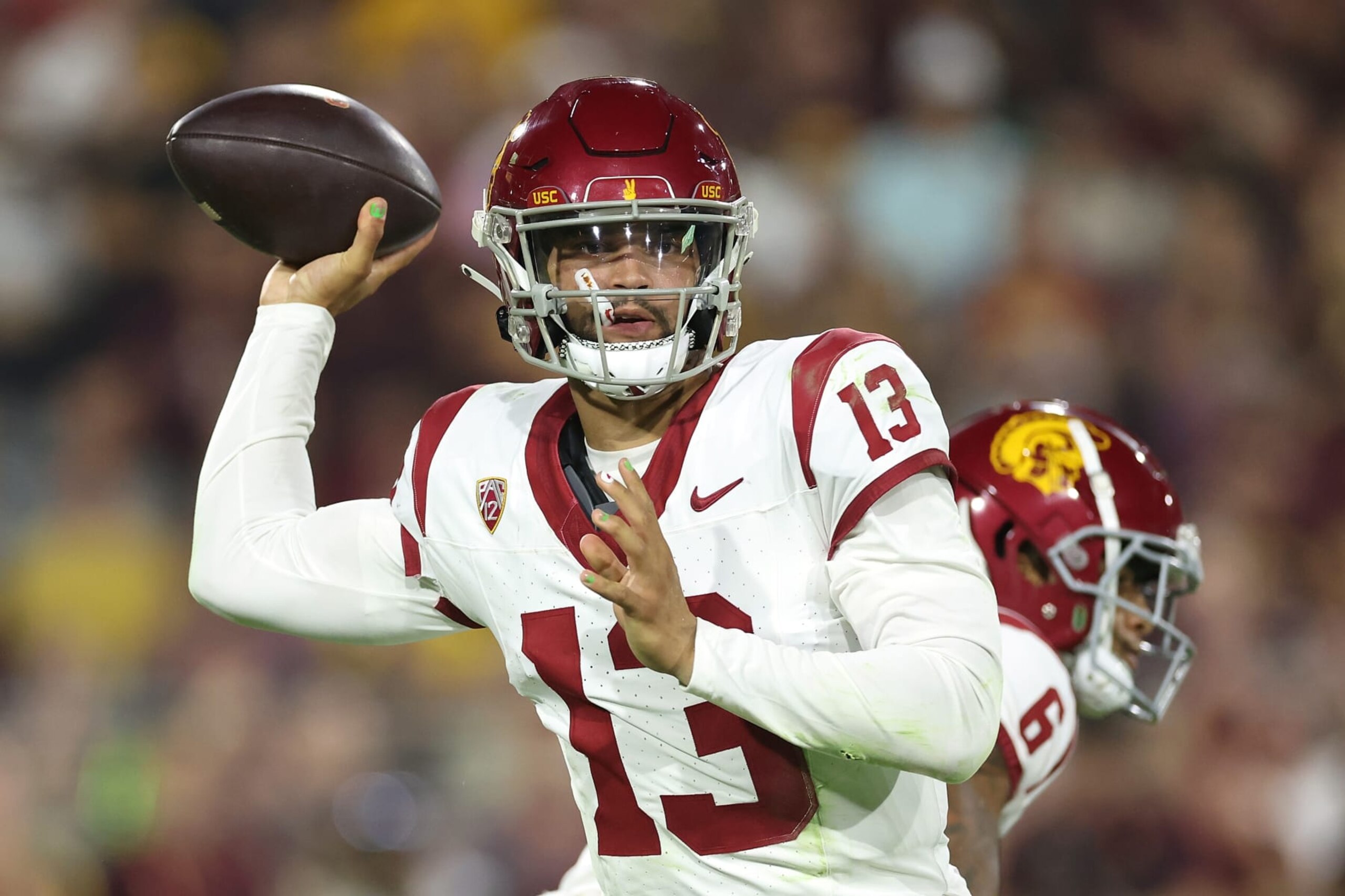 TEMPE, ARIZONA - SEPTEMBER 23: Quarterback Caleb Williams #13 of the USC Trojans throws a pass during the first half of the NCAAF game against the Arizona State Sun Devils at Mountain America Stadium on September 23, 2023 in Tempe, Arizona. (Photo by Christian Petersen/Getty Images)