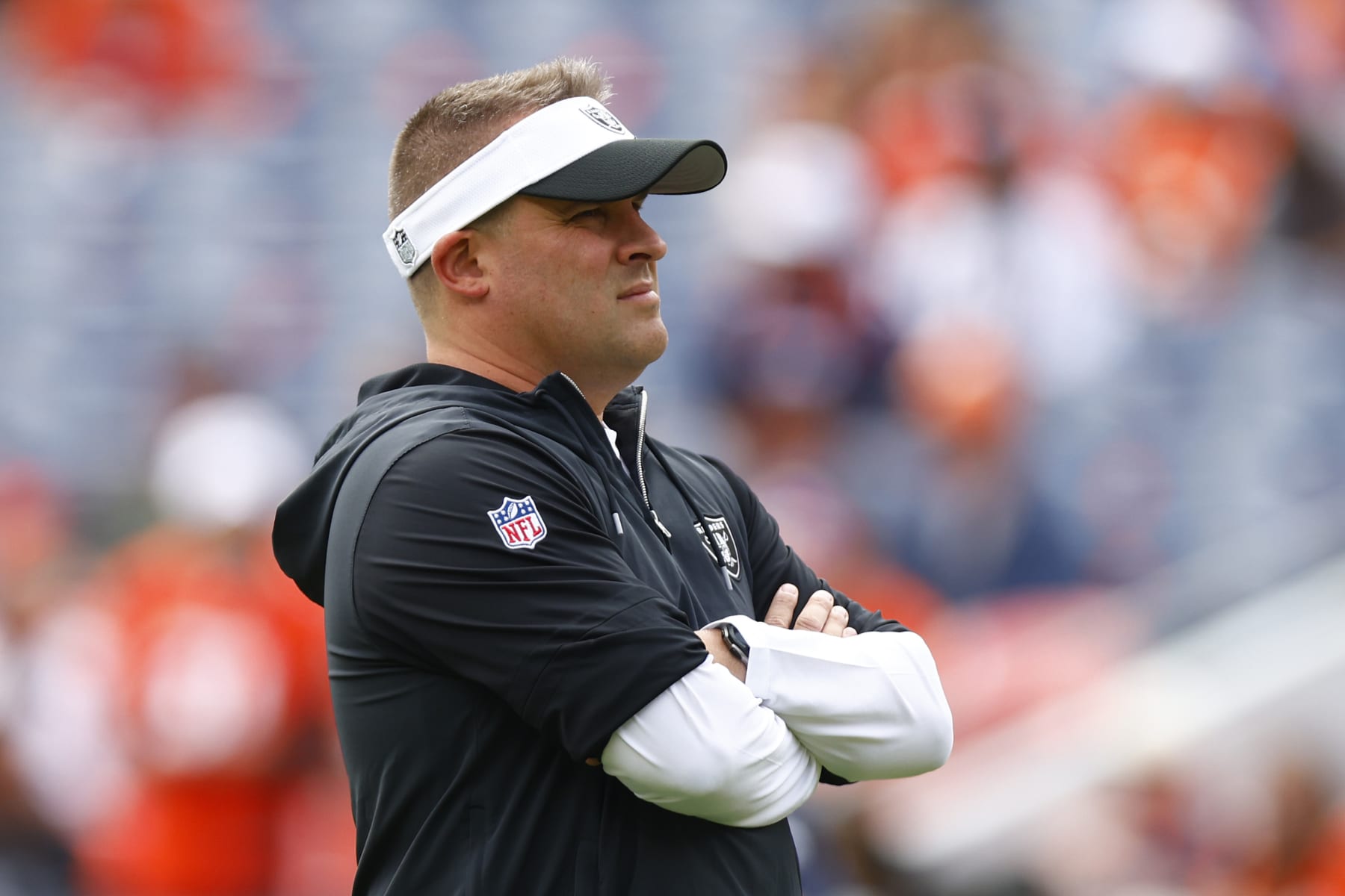 DENVER, COLORADO - SEPTEMBER 10: Head coach Josh McDaniels of the Las Vegas Raiders looks on prior to a game against the Denver Broncos at Empower Field At Mile High on September 10, 2023 in Denver, Colorado. (Photo by Justin Edmonds/Getty Images)