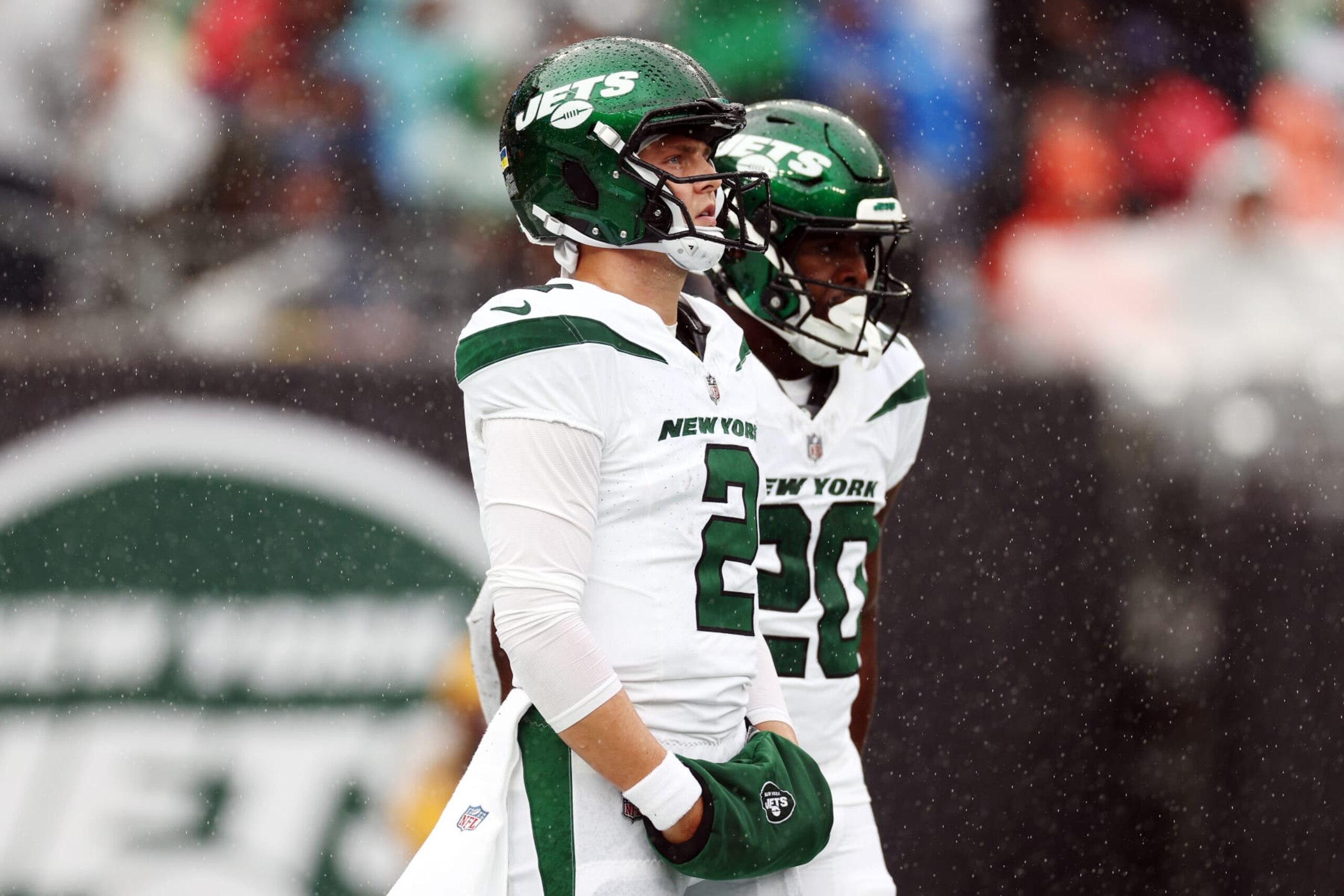 EAST RUTHERFORD, NEW JERSEY - SEPTEMBER 24: Zach Wilson #2 of the New York Jets looks on during the first half of a game against the New England Patriots at MetLife Stadium on September 24, 2023 in East Rutherford, New Jersey. (Photo by Elsa/Getty Images) EAST RUTHERFORD, NEW JERSEY - SEPTEMBER 24: Zach Wilson #2 of the New York Jets looks on during the first half of a game against the New England Patriots at MetLife Stadium on September 24, 2023 in East Rutherford, New Jersey. (Photo by Elsa/Getty Images)