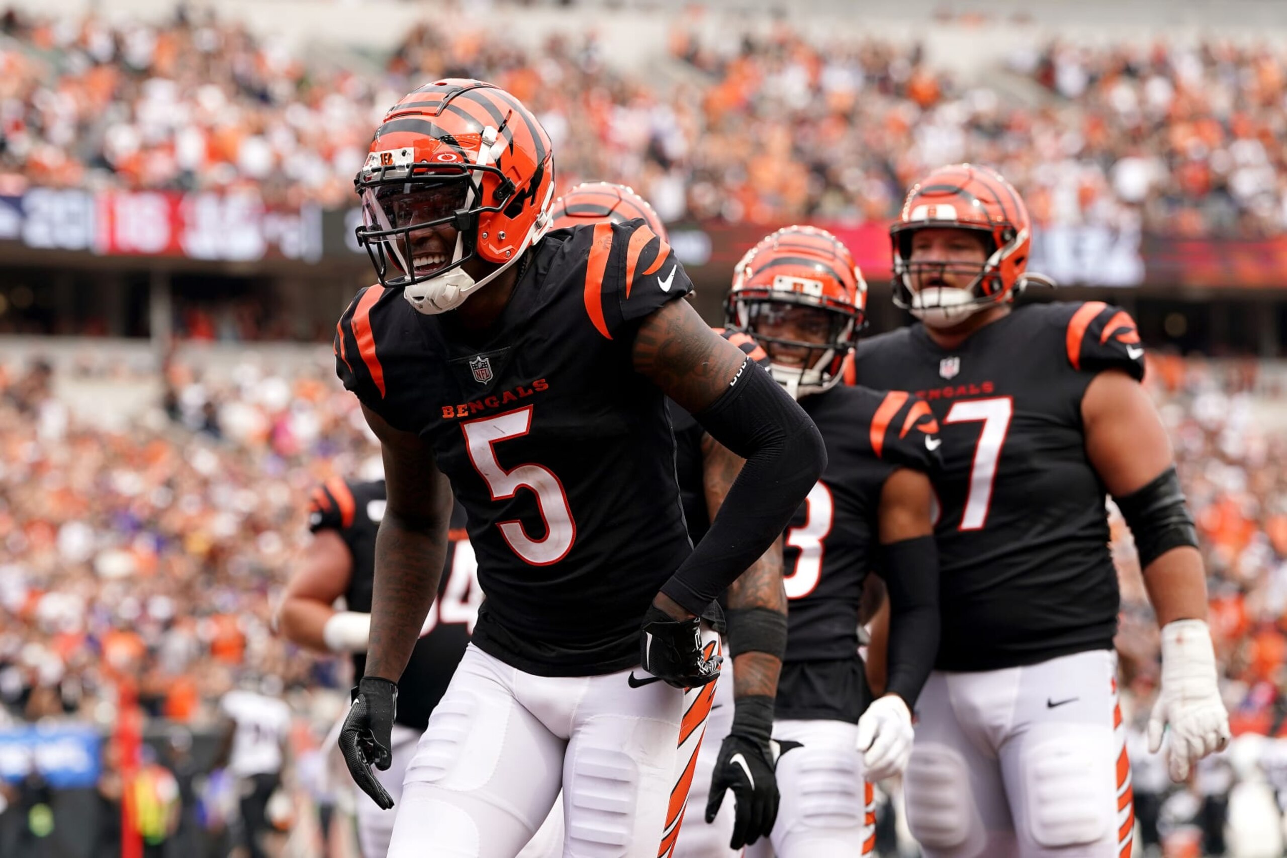CINCINNATI, OHIO - SEPTEMBER 17: Tee Higgins #5 of the Cincinnati Bengals celebrates a touchdown during the third quarter in the game against the Baltimore Ravens at Paycor Stadium on September 17, 2023 in Cincinnati, Ohio. (Photo by Dylan Buell/Getty Images)