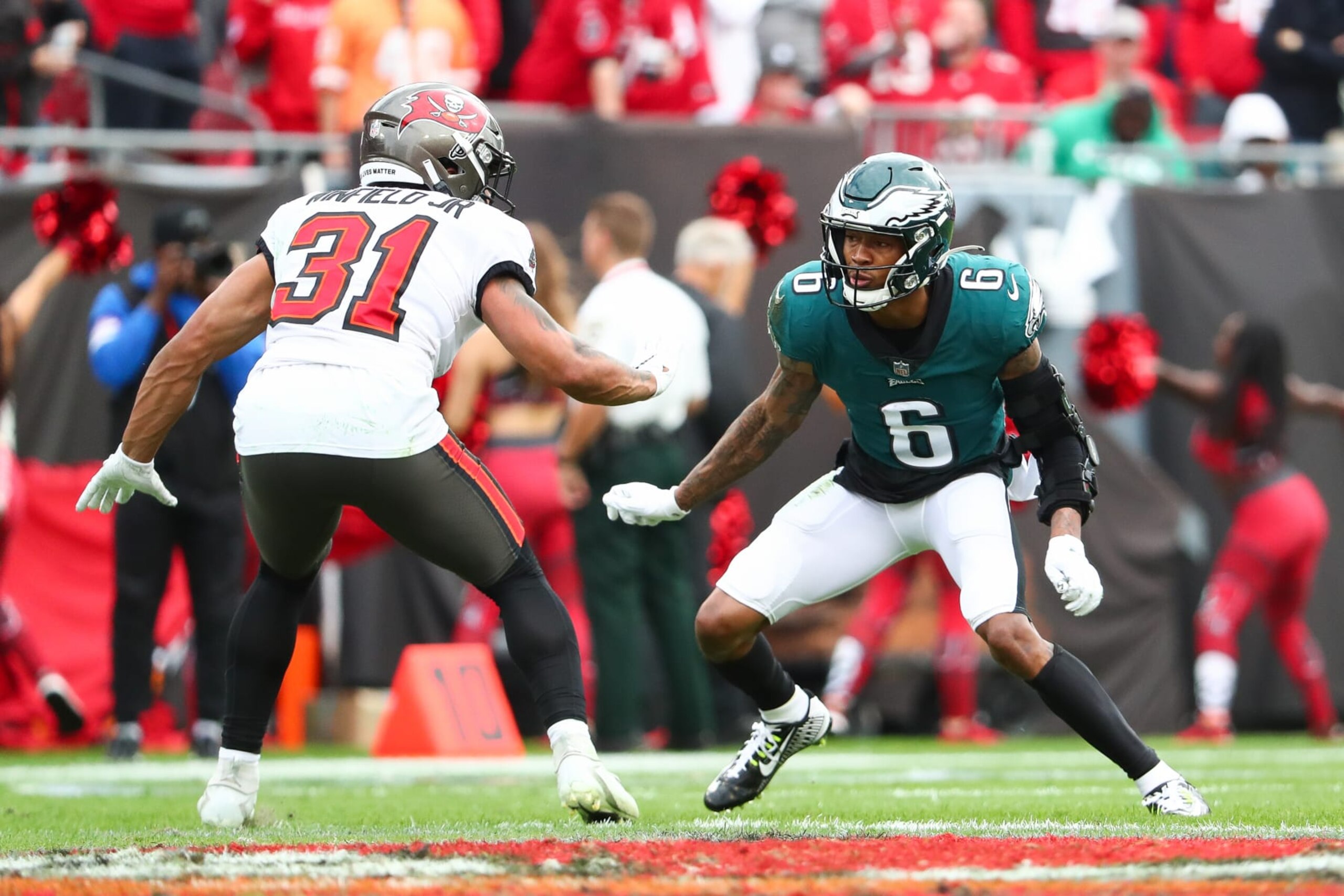 TAMPA, FL - JANUARY 16: Devonta Smith #6 of the Philadelphia Eagles runs a route during the NFC Wild Card Playoff game against the Tampa Bay Buccaneers at Raymond James Stadium on January 16, 2022 in Tampa, Florida. (Photo by Kevin Sabitus/Getty Images)