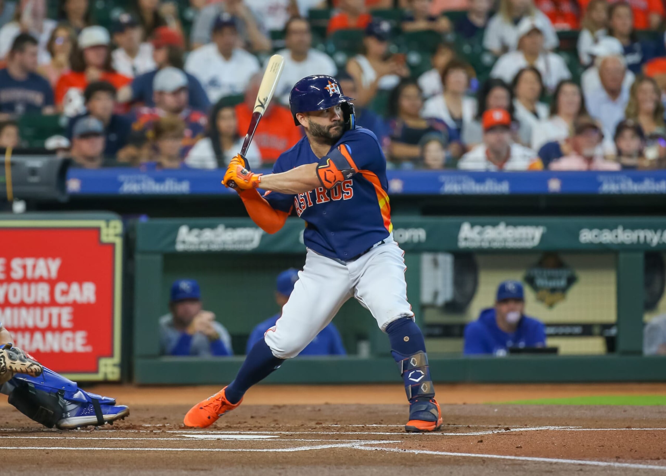 HOUSTON, TX - SEPTEMBER 24: Houston Astros second baseman Jose Altuve (27) watches the pitch in the bottom of the first inning during the MLB game between the Kansas City Royals and Houston Astros on September 24, 2023 at Minute Maid Park in Houston, Texas. (Photo by Leslie Plaza Johnson/Icon Sportswire via Getty Images) HOUSTON, TX - SEPTEMBER 24: Houston Astros second baseman Jose Altuve (27) watches the pitch in the bottom of the first inning during the MLB game between the Kansas City Royals and Houston Astros on September 24, 2023 at Minute Maid Park in Houston, Texas. (Photo by Leslie Plaza Johnson/Icon Sportswire via Getty Images)