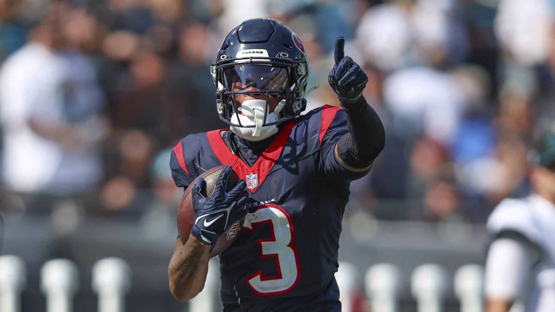 Houston Texans wide receiver Tank Dell (3) runs for the goal line after catching a pass deep right for 68 yards and a touchdown during the fourth quarter of an NFL football game against the Jacksonville Jaguars, Sunday, Sept. 24, 2023, in Jacksonville, Fla. The Texans defeated the Jaguars 37-17. (AP Photo/Gary McCullough)