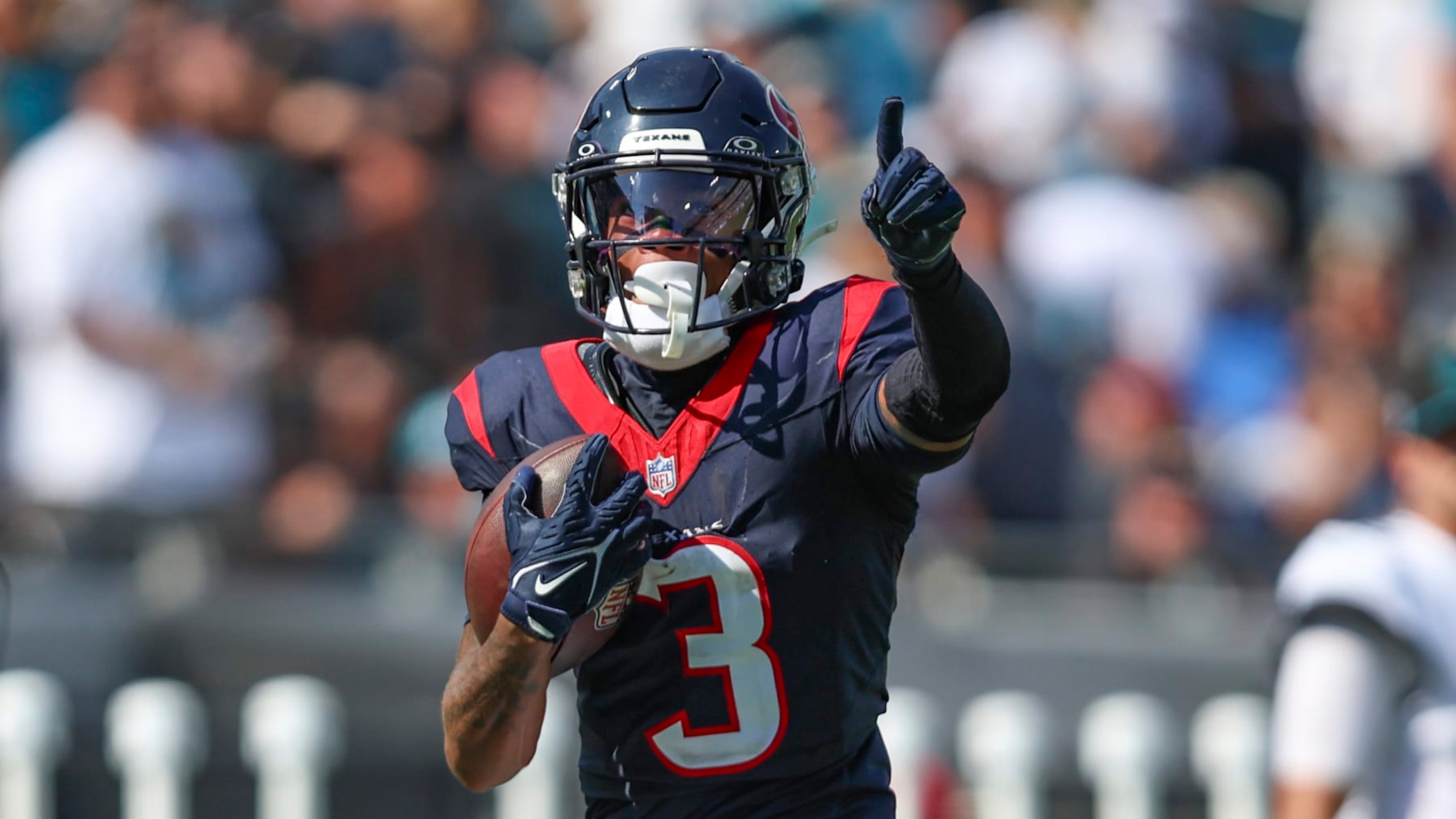 Houston Texans wide receiver Tank Dell (3) runs for the goal line after catching a pass deep right for 68 yards and a touchdown during the fourth quarter of an NFL football game against the Jacksonville Jaguars, Sunday, Sept. 24, 2023, in Jacksonville, Fla. The Texans defeated the Jaguars 37-17. (AP Photo/Gary McCullough)