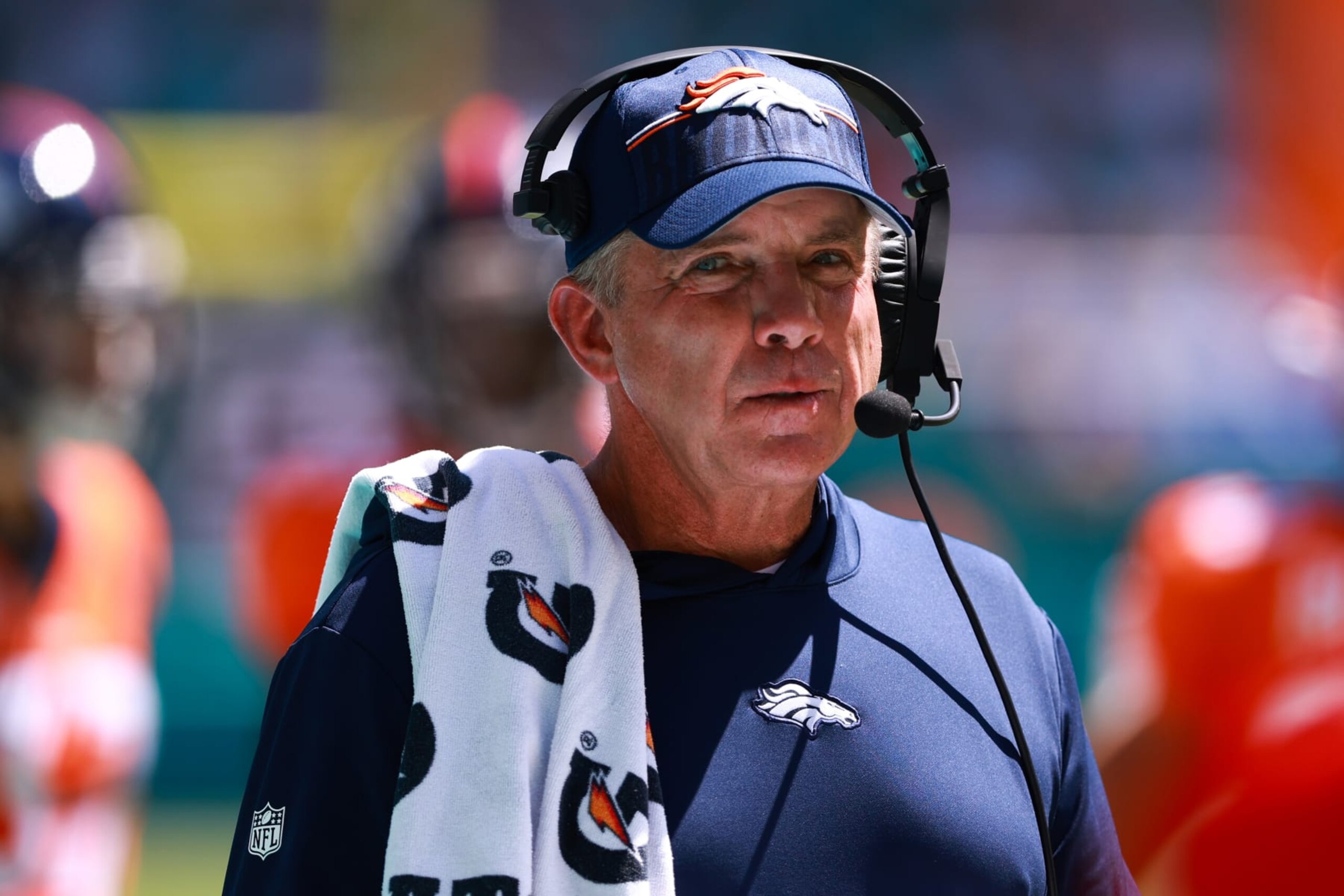 MIAMI GARDENS, FLORIDA - SEPTEMBER 24: Head coach Sean Payton of the Denver Broncos looks on during the second half against the Miami Dolphins at Hard Rock Stadium on September 24, 2023 in Miami Gardens, Florida. (Photo by Megan Briggs/Getty Images)