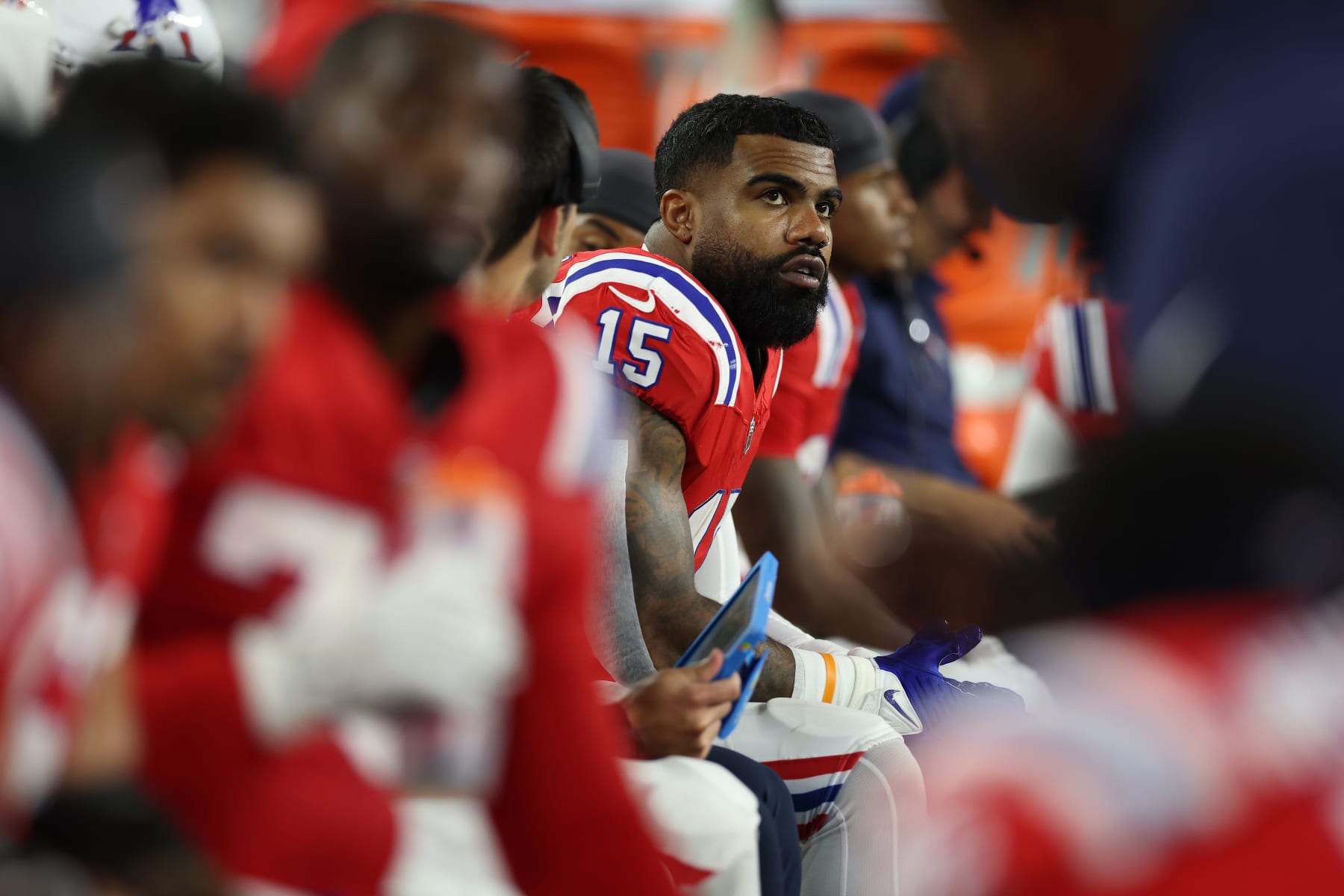 FOXBOROUGH, MASSACHUSETTS - SEPTEMBER 17: Ezekiel Elliott #15 of the New England Patriots looks on during the fourth quarter against the Miami Dolphins at Gillette Stadium on September 17, 2023 in Foxborough, Massachusetts. (Photo by Maddie Meyer/Getty Images)