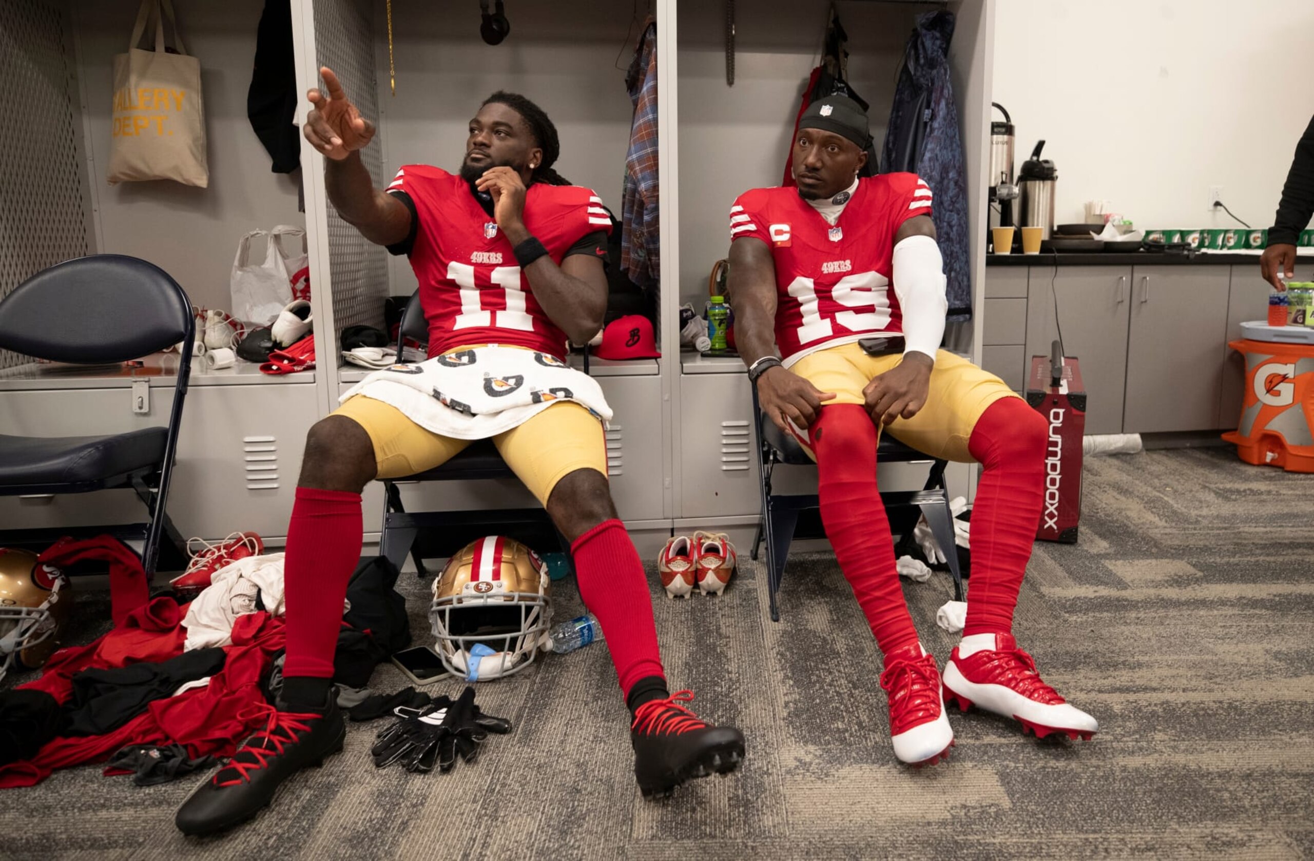 INGLEWOOD, CA - SEPTEMBER 17: Brandon Aiyuk #11 and Deebo Samuel #19 of the San Francisco 49ers in the locker room before the game against the Los Angeles Rams at SoFi Stadium on September 17, 2023 in Inglewood, California. The 49ers defeated the Rams 30-23. (Photo by Michael Zagaris/San Francisco 49ers/Getty Images) INGLEWOOD, CA - SEPTEMBER 17: Brandon Aiyuk #11 and Deebo Samuel #19 of the San Francisco 49ers in the locker room before the game against the Los Angeles Rams at SoFi Stadium on September 17, 2023 in Inglewood, California. The 49ers defeated the Rams 30-23. (Photo by Michael Zagaris/San Francisco 49ers/Getty Images)
