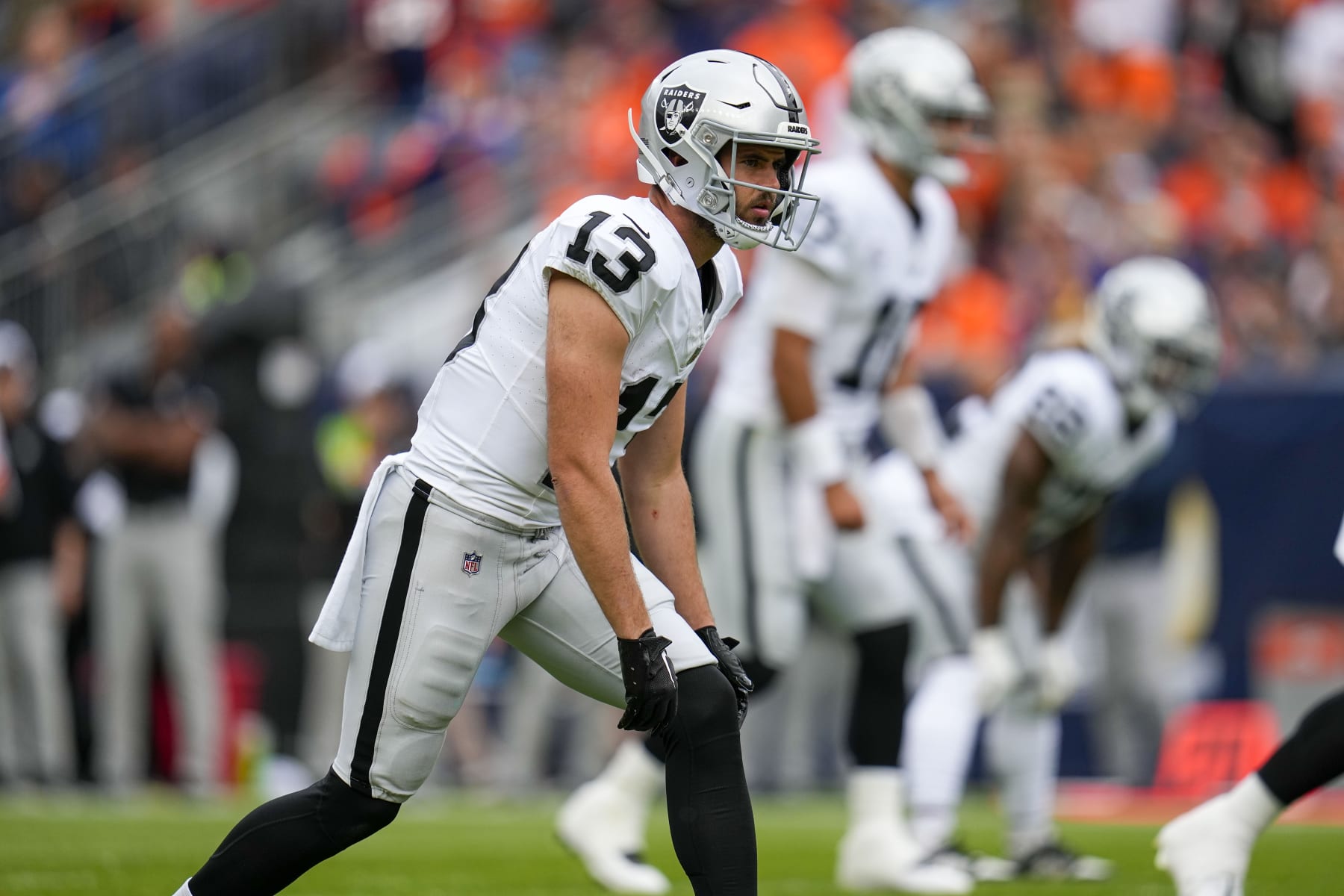 Las Vegas Raiders wide receiver Hunter Renfrow (13) loses up against the Denver Broncos during an NFL football game Sunday, Sept. 10, 2023, in Denver. (AP Photo/Jack Dempsey)