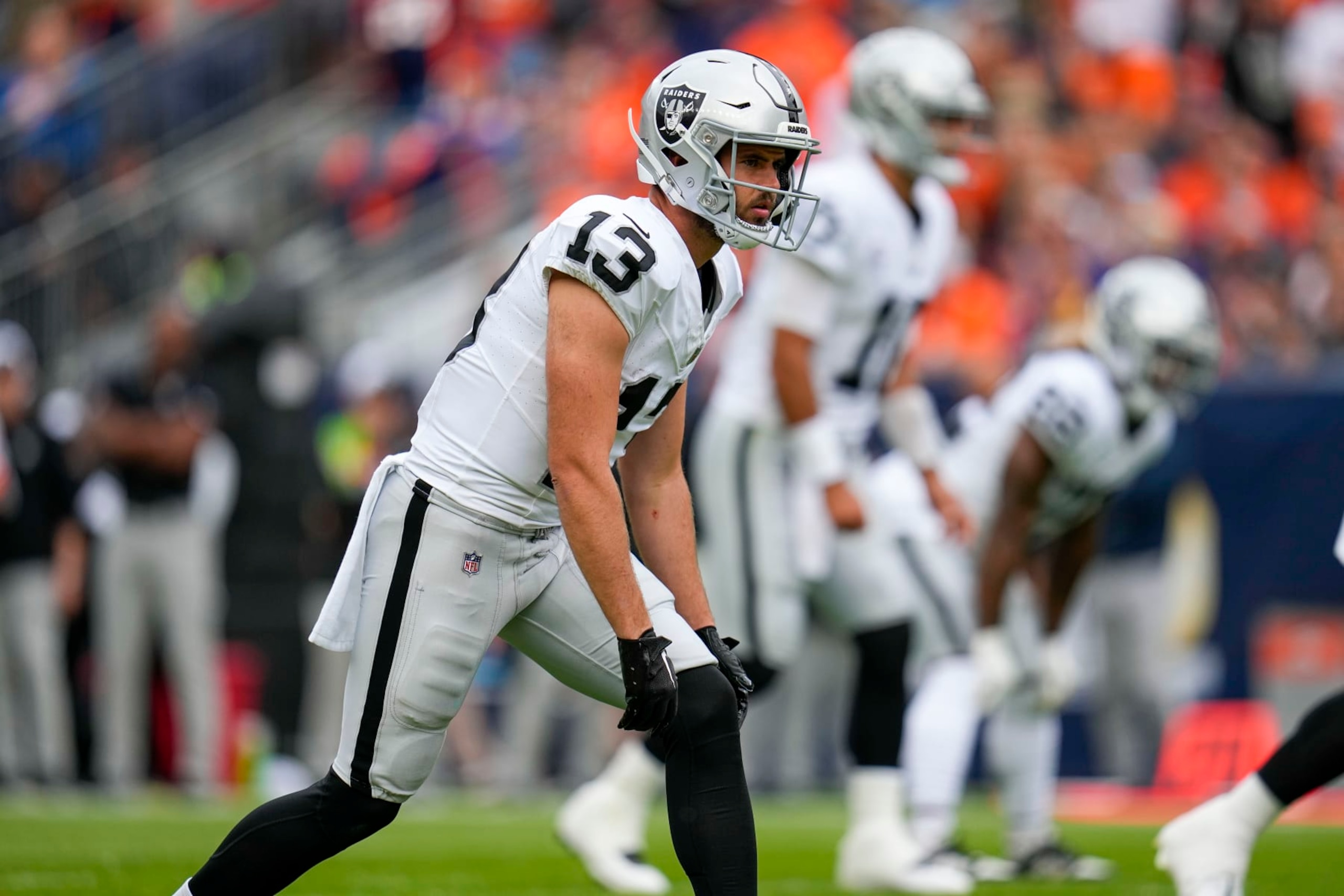 Las Vegas Raiders wide receiver Hunter Renfrow (13) loses up against the Denver Broncos during an NFL football game Sunday, Sept. 10, 2023, in Denver. (AP Photo/Jack Dempsey)
