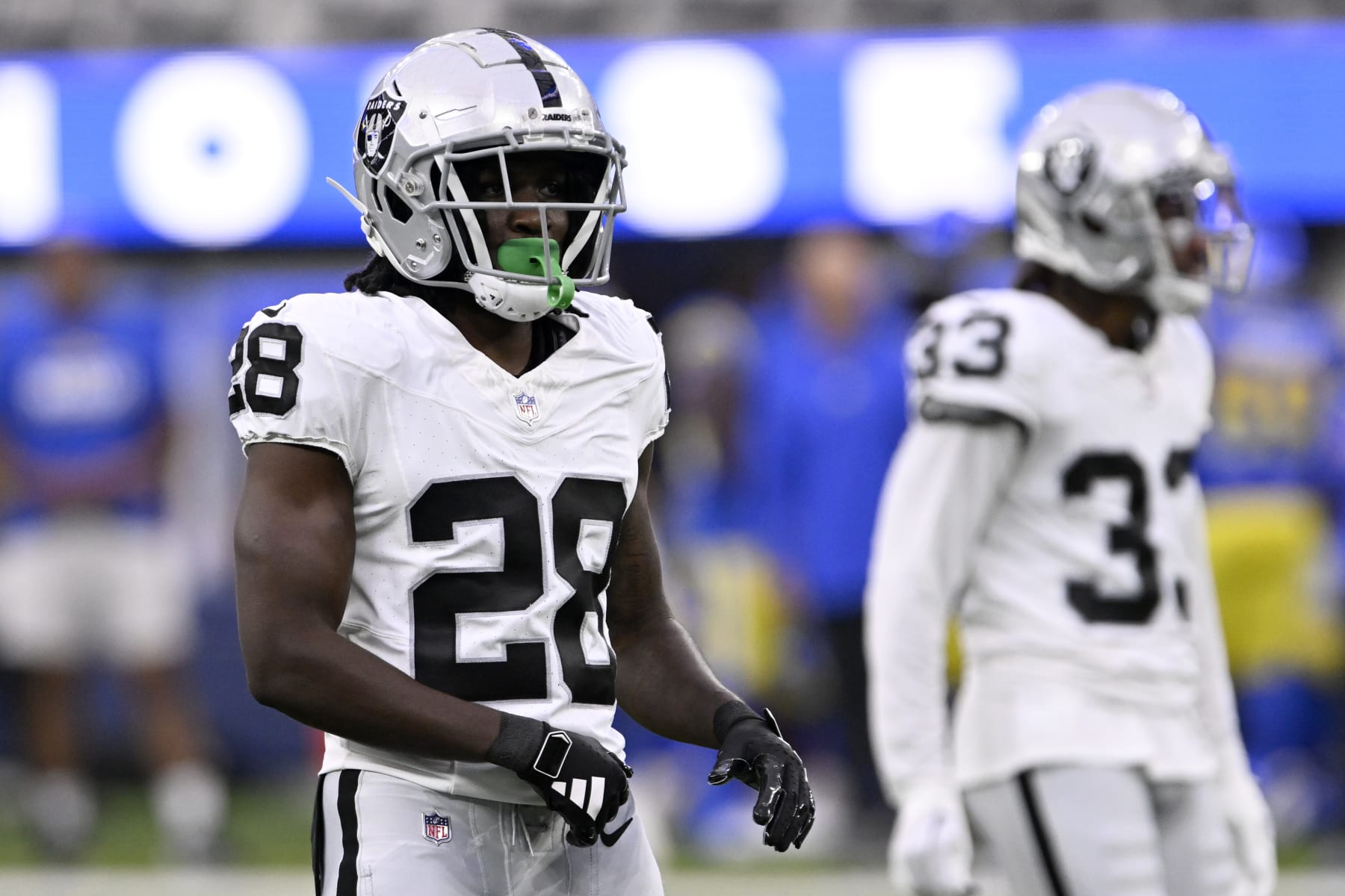 Las Vegas Raiders cornerback David Long Jr. lines up against the Los Angeles Rams during the first half of a preseason NFL football game Saturday, Aug. 19, 2023, in Inglewood, Calif. (AP Photo/Alex Gallardo)