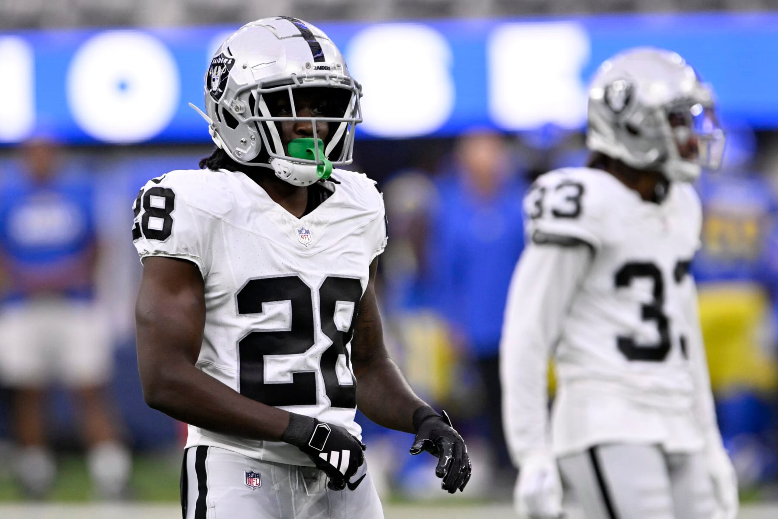 Las Vegas Raiders cornerback David Long Jr. lines up against the Los Angeles Rams during the first half of a preseason NFL football game Saturday, Aug. 19, 2023, in Inglewood, Calif. (AP Photo/Alex Gallardo)