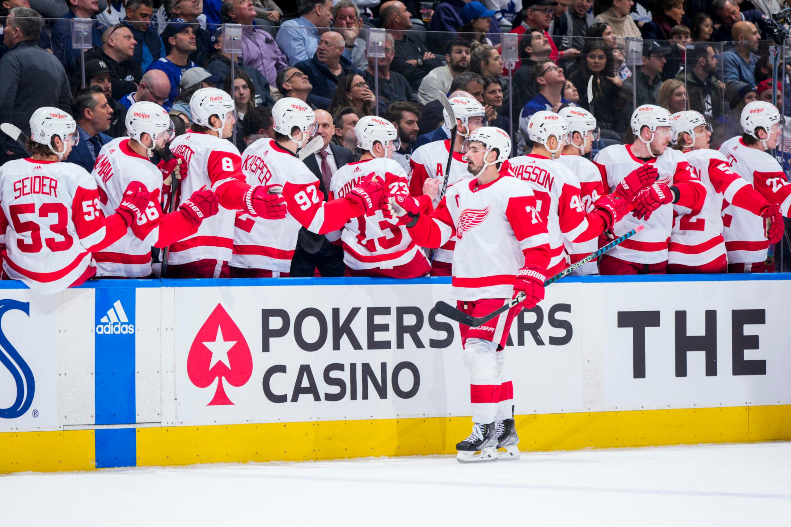 TORONTO, ON - APRIL 2: Dylan Larkin #71 of the Detroit Red Wings celebrates his goal against the Toronto Maple Leafs during the first period at the Scotiabank Arena on April 2, 2023 in Toronto, Ontario, Canada. (Photo by Mark Blinch/NHLI via Getty Images)