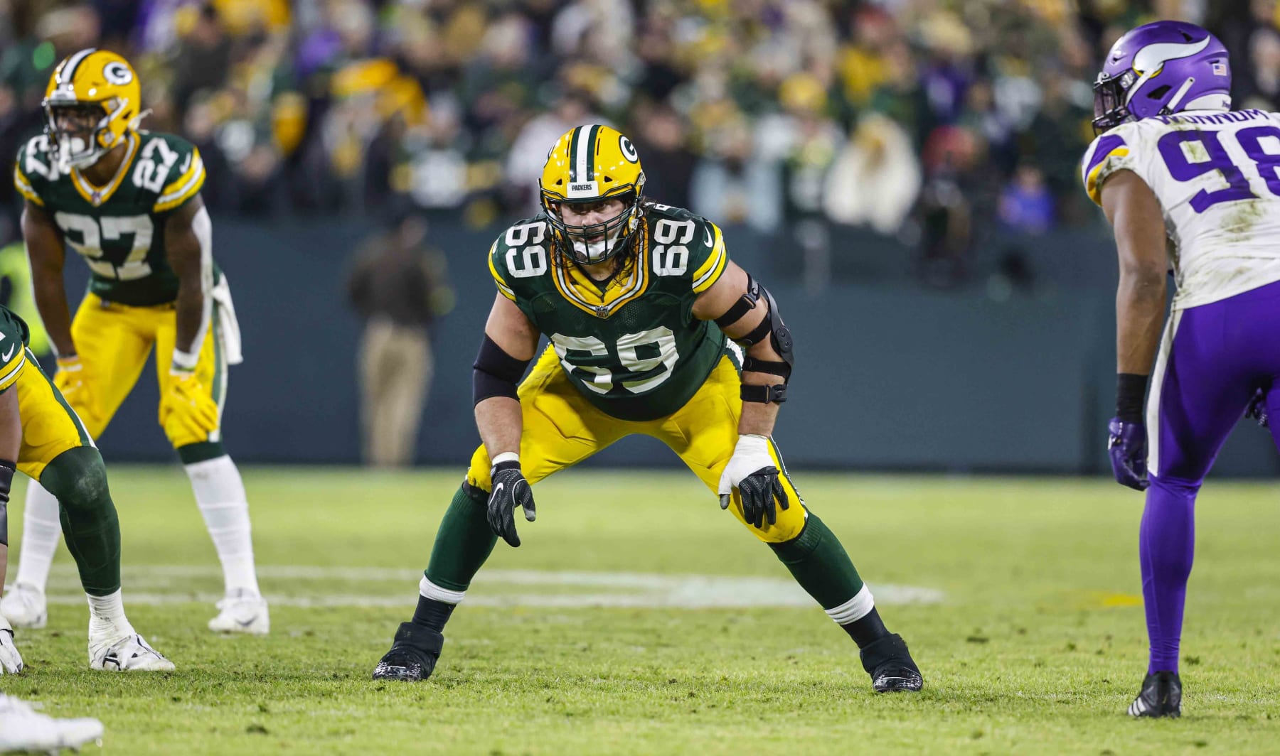 Green Bay Packers offensive tackle David Bakhtiari (69) lines up as he plays during an NFL football game against the Minnesota Vikings Sunday, Jan. 1, 2023, in Green Bay, Wis. (AP Photo/Jeffrey Phelps)