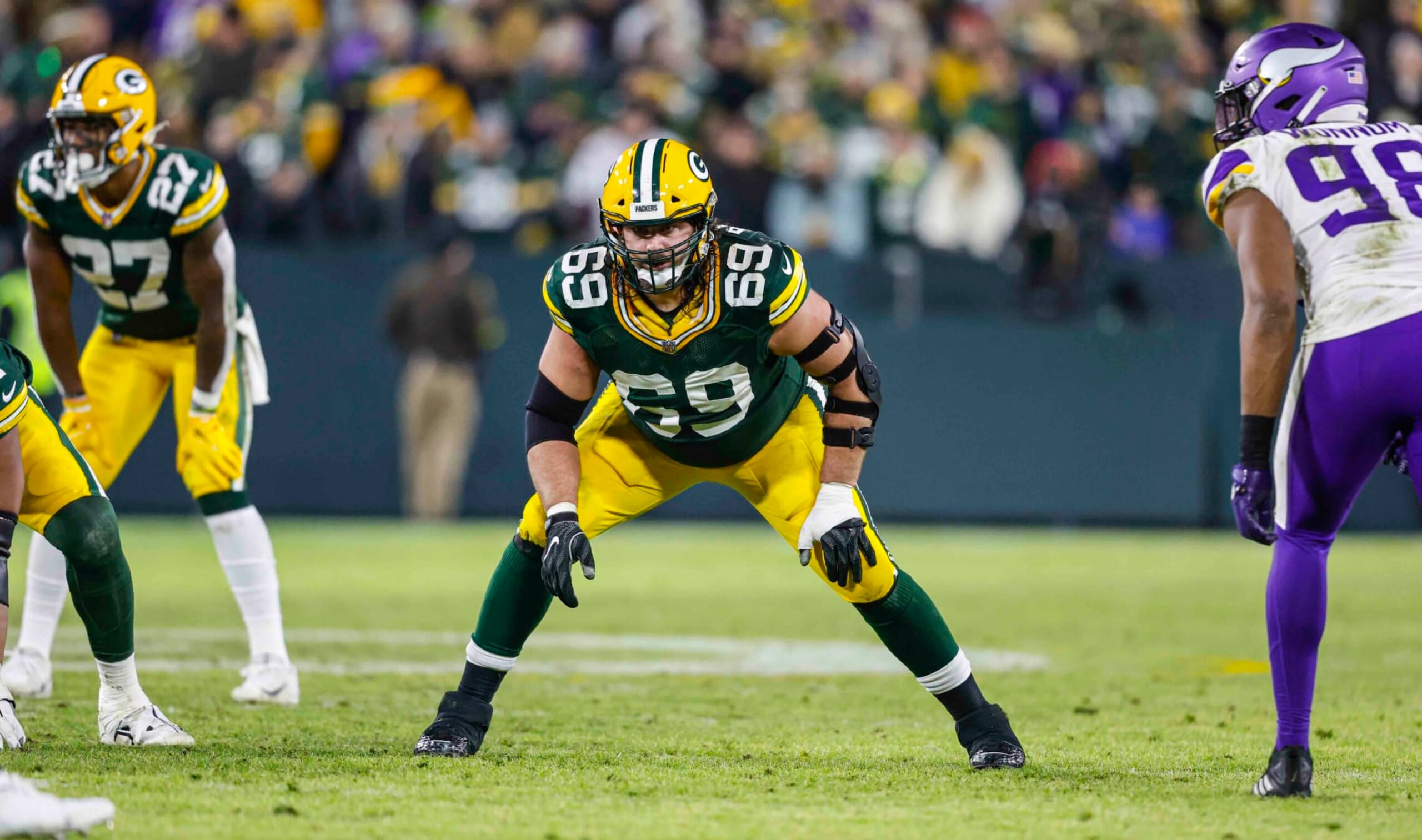 Green Bay Packers offensive tackle David Bakhtiari (69) lines up as he plays during an NFL football game against the Minnesota Vikings Sunday, Jan. 1, 2023, in Green Bay, Wis. (AP Photo/Jeffrey Phelps)