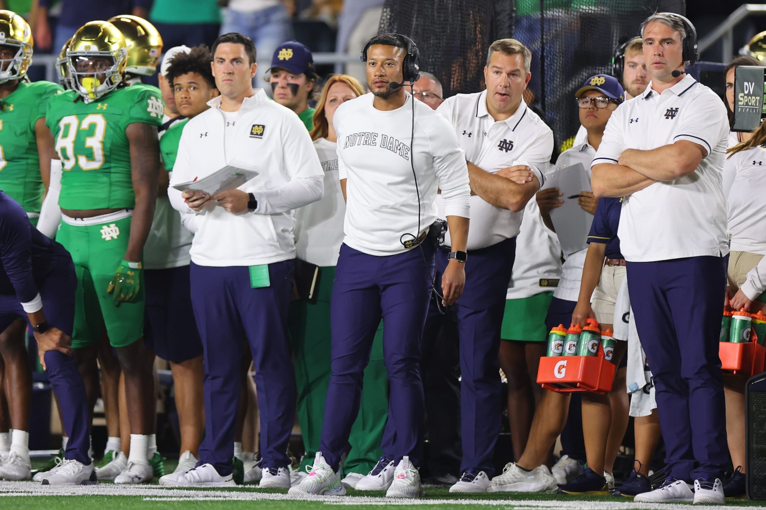 SOUTH BEND, INDIANA - SEPTEMBER 23: Head coach Marcus Freeman of the Notre Dame Fighting Irish looks on against the Ohio State Buckeyes during the first half at Notre Dame Stadium on September 23, 2023 in South Bend, Indiana. (Photo by Michael Reaves/Getty Images)